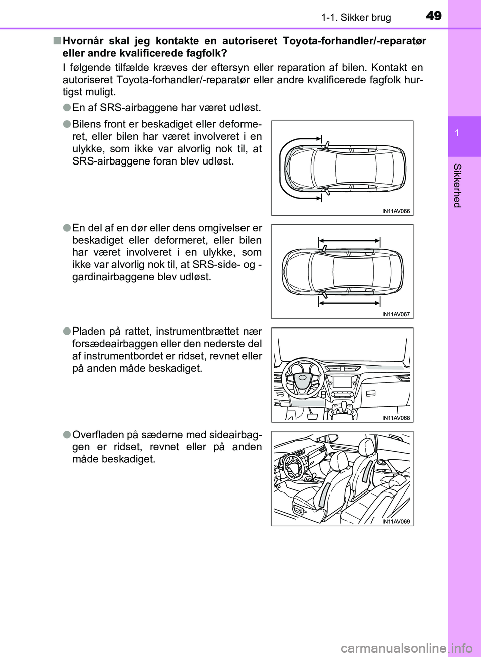 TOYOTA AVENSIS 2018  Brugsanvisning (in Danish) 491-1. Sikker brug
1
AVENSIS OM20C79DK
Sikkerhed
nHvornår skal jeg kontakte en autoriseret Toyota-forhandler/-reparatør
eller andre kvalificerede fagfolk?
I følgende tilfælde kræves der eftersyn 