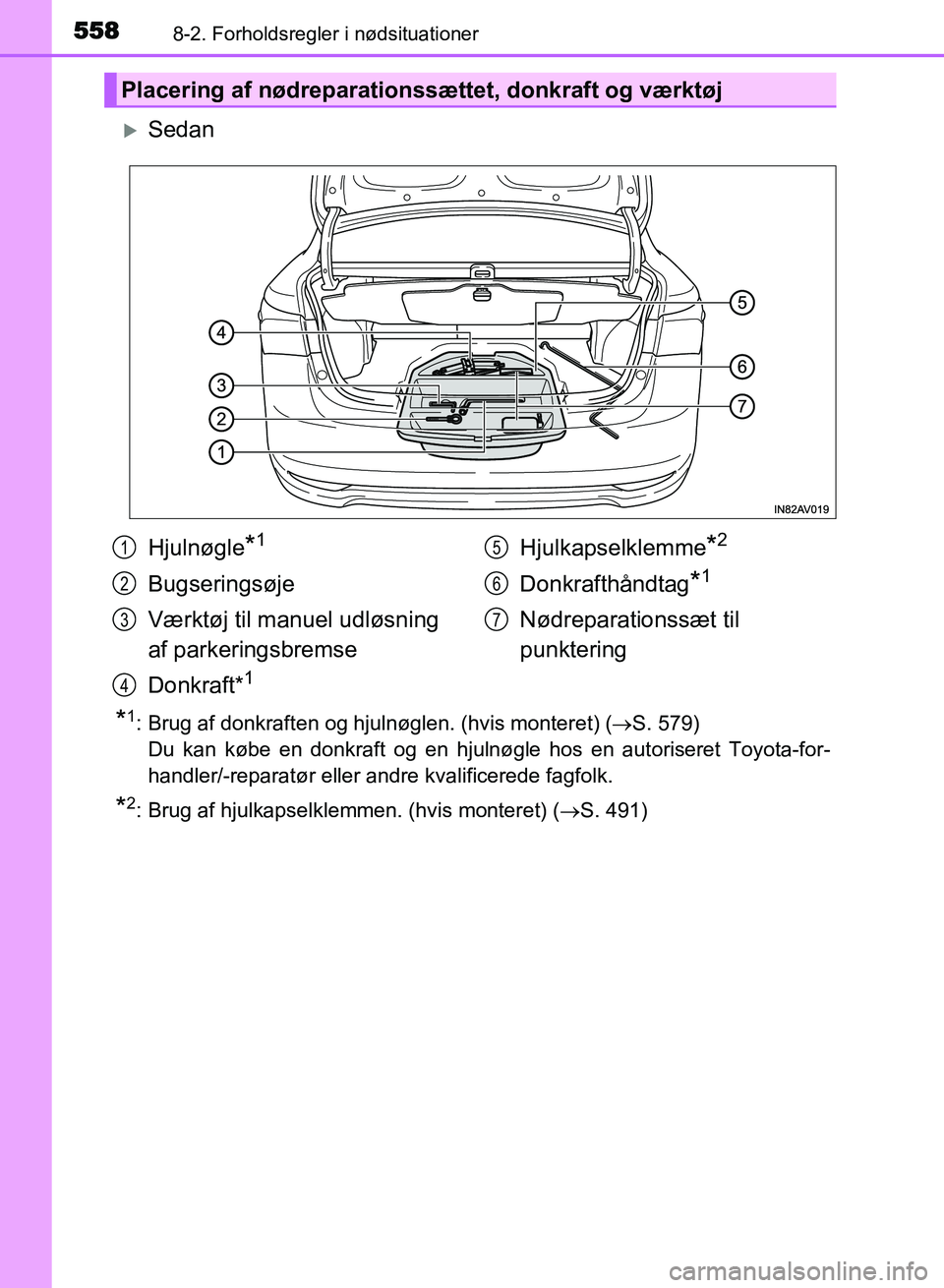 TOYOTA AVENSIS 2018 Brugsanvisning (in Danish) 5588-2. Forholdsregler i nødsituationer
AVENSIS OM20C79DK
Sedan
*1: Brug af donkraften og hjulnøglen. (hvis monteret) (S. 579)
Du kan købe en donkraft og en hjulnøgle hos en autoriseret Toyo TOYOTA AVENSIS 2018 Brugsanvisning (in Danish) 5588-2. Forholdsregler i nødsituationer
AVENSIS OM20C79DK
Sedan
*1: Brug af donkraften og hjulnøglen. (hvis monteret) (S. 579)
Du kan købe en donkraft og en hjulnøgle hos en autoriseret Toyo
