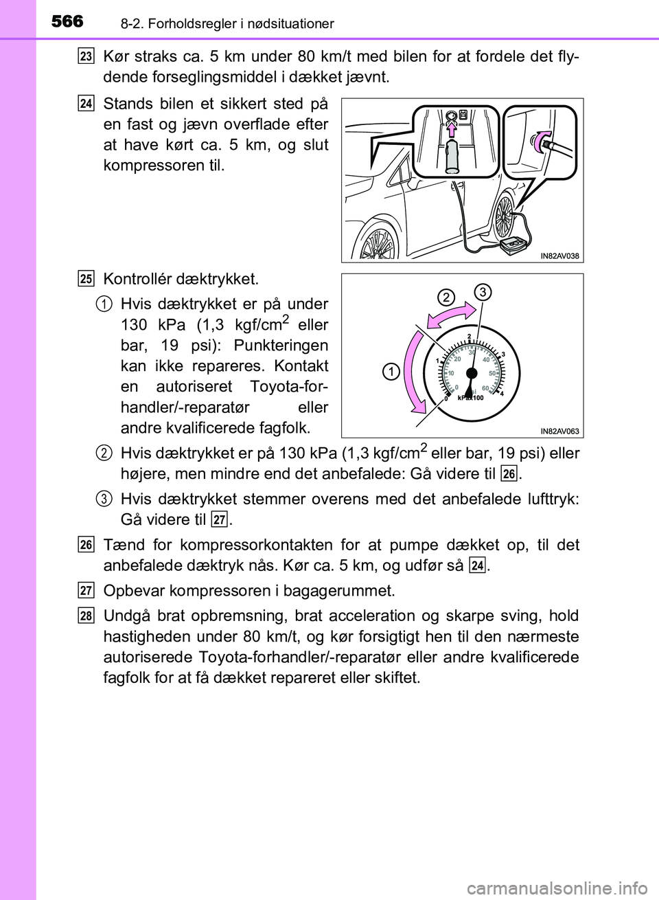 TOYOTA AVENSIS 2018 Brugsanvisning (in Danish) 5668-2. Forholdsregler i nødsituationer
AVENSIS OM20C79DK
Kør straks ca. 5 km under 80 km/t med bilen for at fordele det fly-
dende forseglingsmiddel i dækket jævnt.
Stands bilen et sikkert sted p TOYOTA AVENSIS 2018 Brugsanvisning (in Danish) 5668-2. Forholdsregler i nødsituationer
AVENSIS OM20C79DK
Kør straks ca. 5 km under 80 km/t med bilen for at fordele det fly-
dende forseglingsmiddel i dækket jævnt.
Stands bilen et sikkert sted p