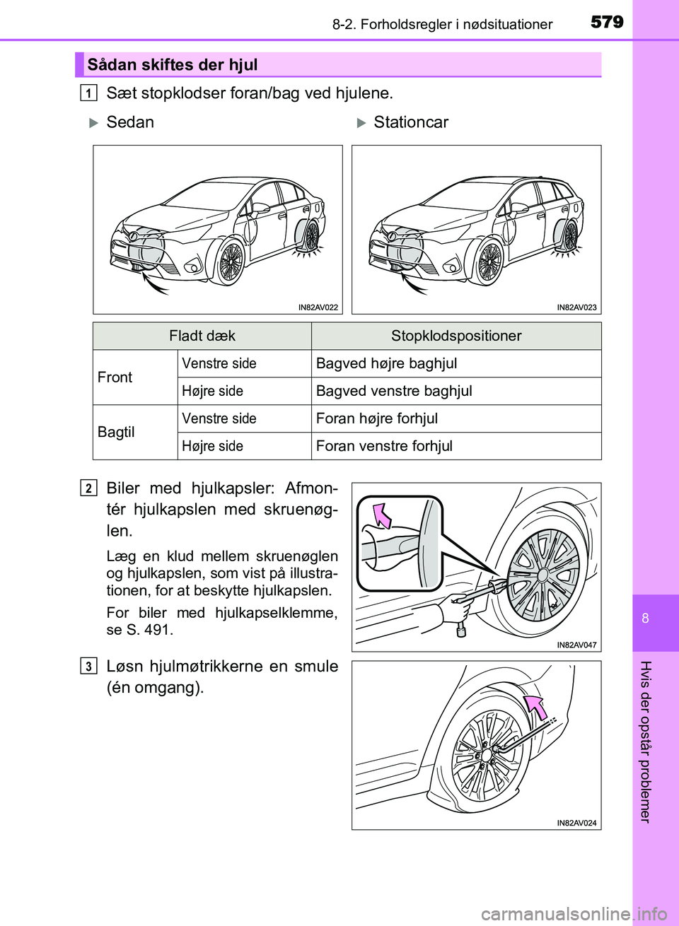 TOYOTA AVENSIS 2018 Brugsanvisning (in Danish) 5798-2. Forholdsregler i nødsituationer
AVENSIS OM20C79DK
8
Hvis der opstår problemer
Sæt stopklodser foran/bag ved hjulene.
Biler med hjulkapsler: Afmon-
tér hjulkapslen med skruenøg-
len.
Læg TOYOTA AVENSIS 2018 Brugsanvisning (in Danish) 5798-2. Forholdsregler i nødsituationer
AVENSIS OM20C79DK
8
Hvis der opstår problemer
Sæt stopklodser foran/bag ved hjulene.
Biler med hjulkapsler: Afmon-
tér hjulkapslen med skruenøg-
len.
Læg