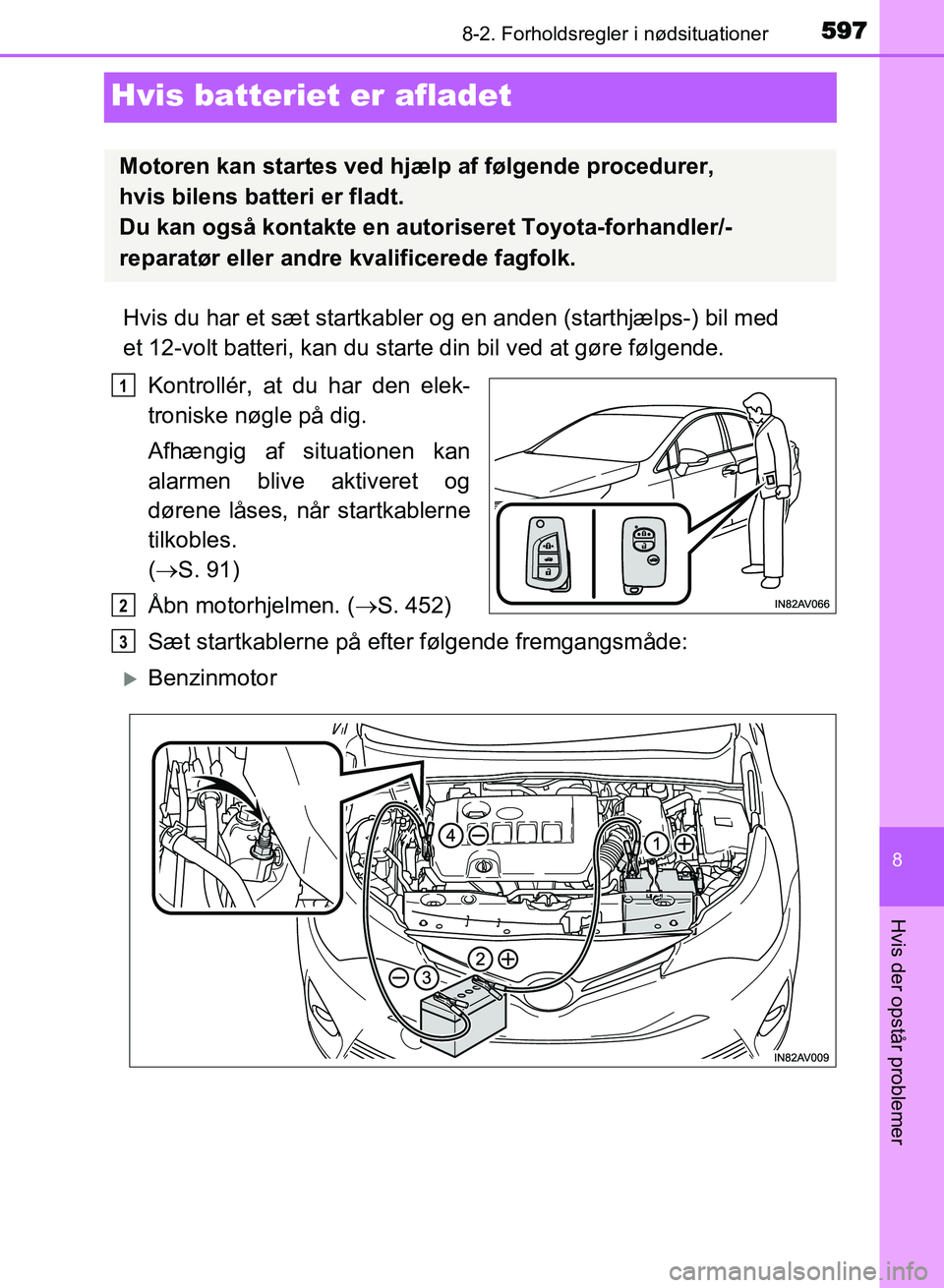 TOYOTA AVENSIS 2018  Brugsanvisning (in Danish) 5978-2. Forholdsregler i nødsituationer
AVENSIS OM20C79DK
8
Hvis der opstår problemer
Hvis batteriet er afladet
Hvis du har et sæt startkabler og en anden (starthjælps-) bil med 
et 12-volt batter