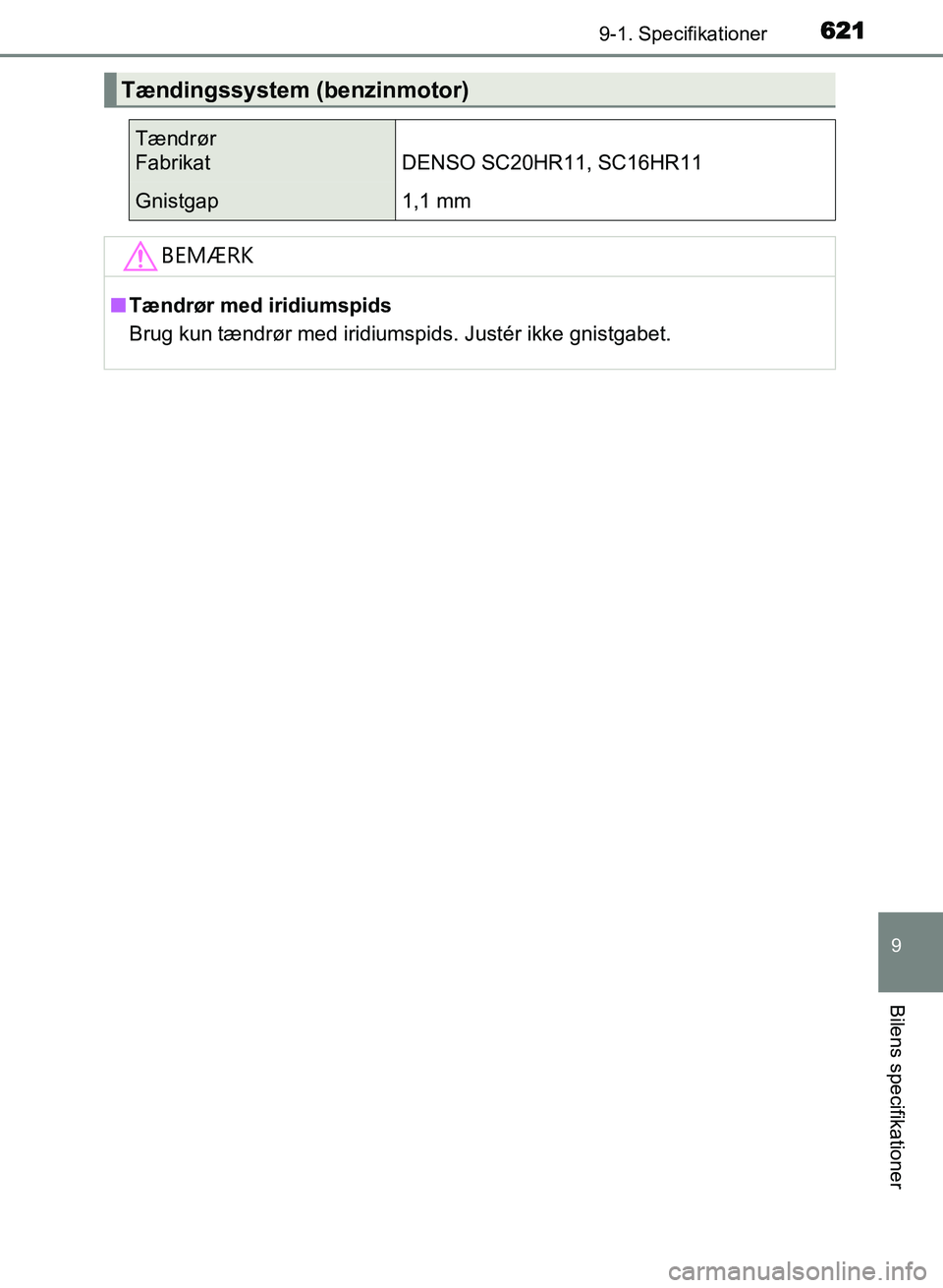 TOYOTA AVENSIS 2018  Brugsanvisning (in Danish) 6219-1. Specifikationer
AVENSIS OM20C79DK
9
Bilens specifikationer
Tændingssystem (benzinmotor)
Tændrør
FabrikatDENSO SC20HR11, SC16HR11
Gnistgap1,1 mm
BEMÆRK
nTændrør med iridiumspids
Brug kun 