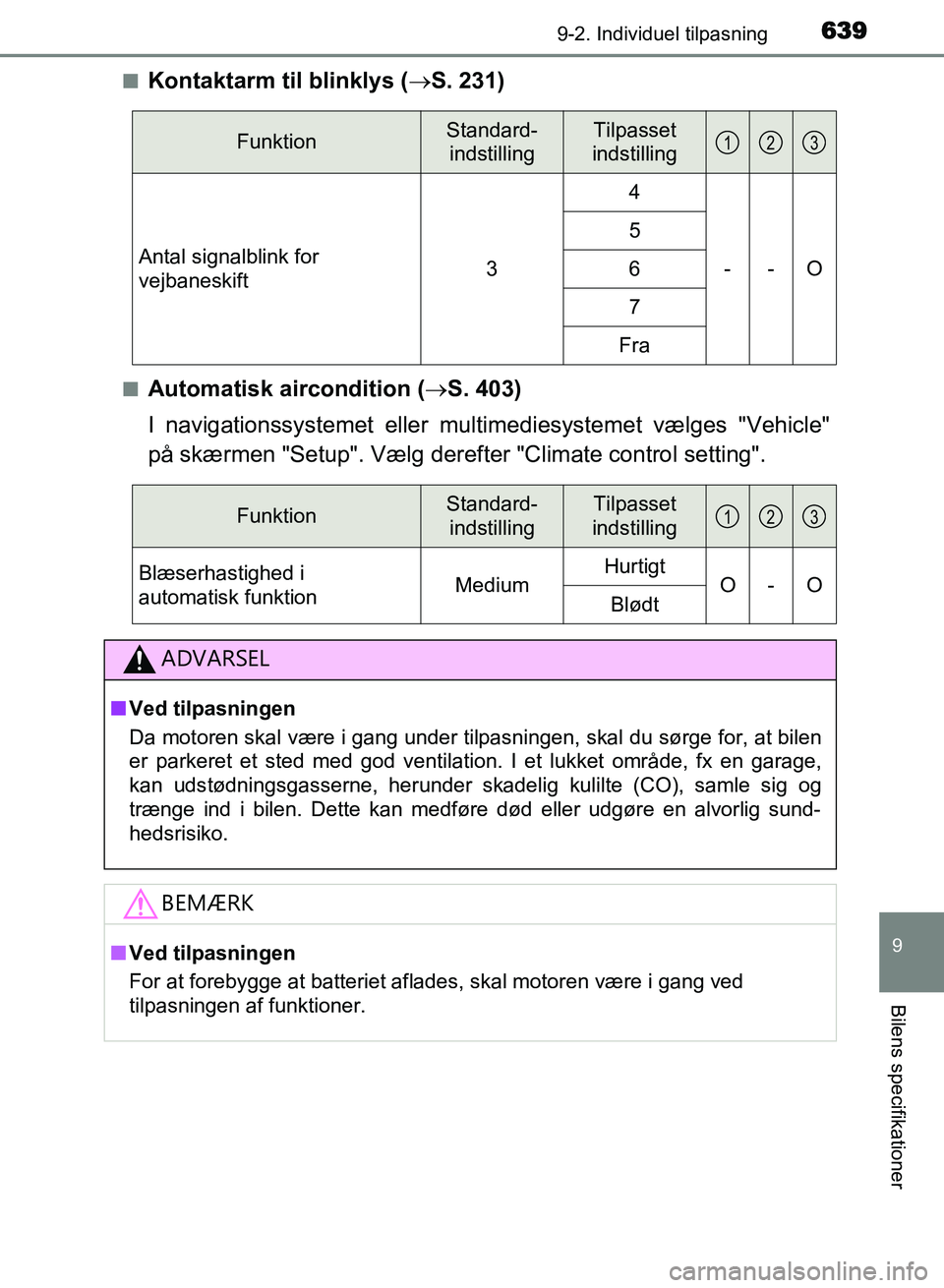 TOYOTA AVENSIS 2018  Brugsanvisning (in Danish) 6399-2. Individuel tilpasning
AVENSIS OM20C79DK
9
Bilens specifikationer
nKontaktarm til blinklys (S. 231)
nAutomatisk aircondition ( S. 403)
I navigationssystemet eller mult imediesystemet væl
