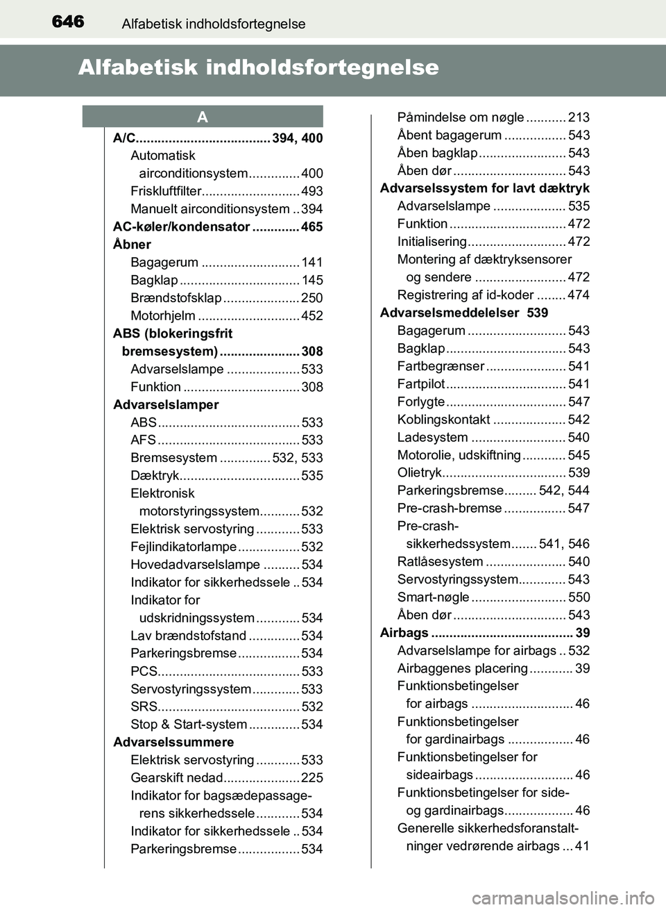 TOYOTA AVENSIS 2018 Brugsanvisning (in Danish) 646Alfabetisk indholdsfortegnelse
AVENSIS OM20C79DK
Alfabetisk indholdsfortegnelse
A/C..................................... 394, 400
Automatisk
airconditionsystem .............. 400
Friskluftfilter.. TOYOTA AVENSIS 2018 Brugsanvisning (in Danish) 646Alfabetisk indholdsfortegnelse
AVENSIS OM20C79DK
Alfabetisk indholdsfortegnelse
A/C..................................... 394, 400
Automatisk
airconditionsystem .............. 400
Friskluftfilter..