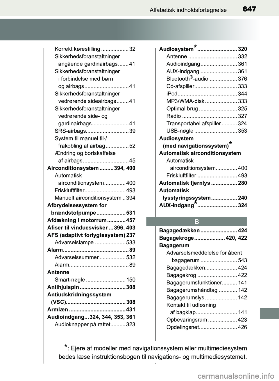 TOYOTA AVENSIS 2018 Brugsanvisning (in Danish) 647Alfabetisk indholdsfortegnelse
AVENSIS OM20C79DK
Korrekt kørestilling .................. 32
Sikkerhedsforanstaltninger angående gardinairbags ....... 41
Sikkerhedsforanstaltninger i forbindelse TOYOTA AVENSIS 2018 Brugsanvisning (in Danish) 647Alfabetisk indholdsfortegnelse
AVENSIS OM20C79DK
Korrekt kørestilling .................. 32
Sikkerhedsforanstaltninger angående gardinairbags ....... 41
Sikkerhedsforanstaltninger i forbindelse