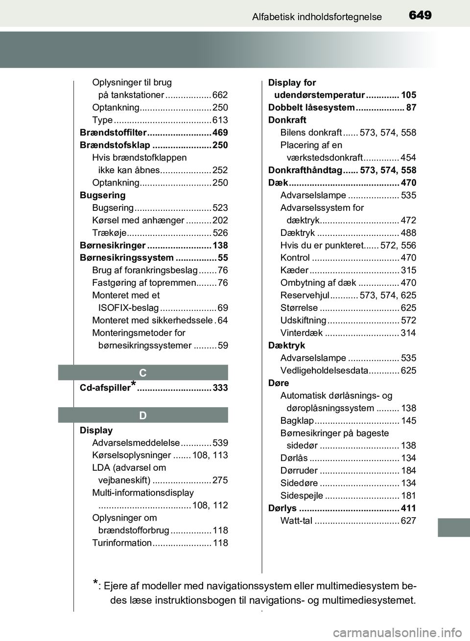 TOYOTA AVENSIS 2018 Brugsanvisning (in Danish) 649Alfabetisk indholdsfortegnelse
AVENSIS OM20C79DK
Oplysninger til brug på tankstationer .................. 662
Optankning............................ 250
Type ...................................... TOYOTA AVENSIS 2018 Brugsanvisning (in Danish) 649Alfabetisk indholdsfortegnelse
AVENSIS OM20C79DK
Oplysninger til brug på tankstationer .................. 662
Optankning............................ 250
Type ......................................