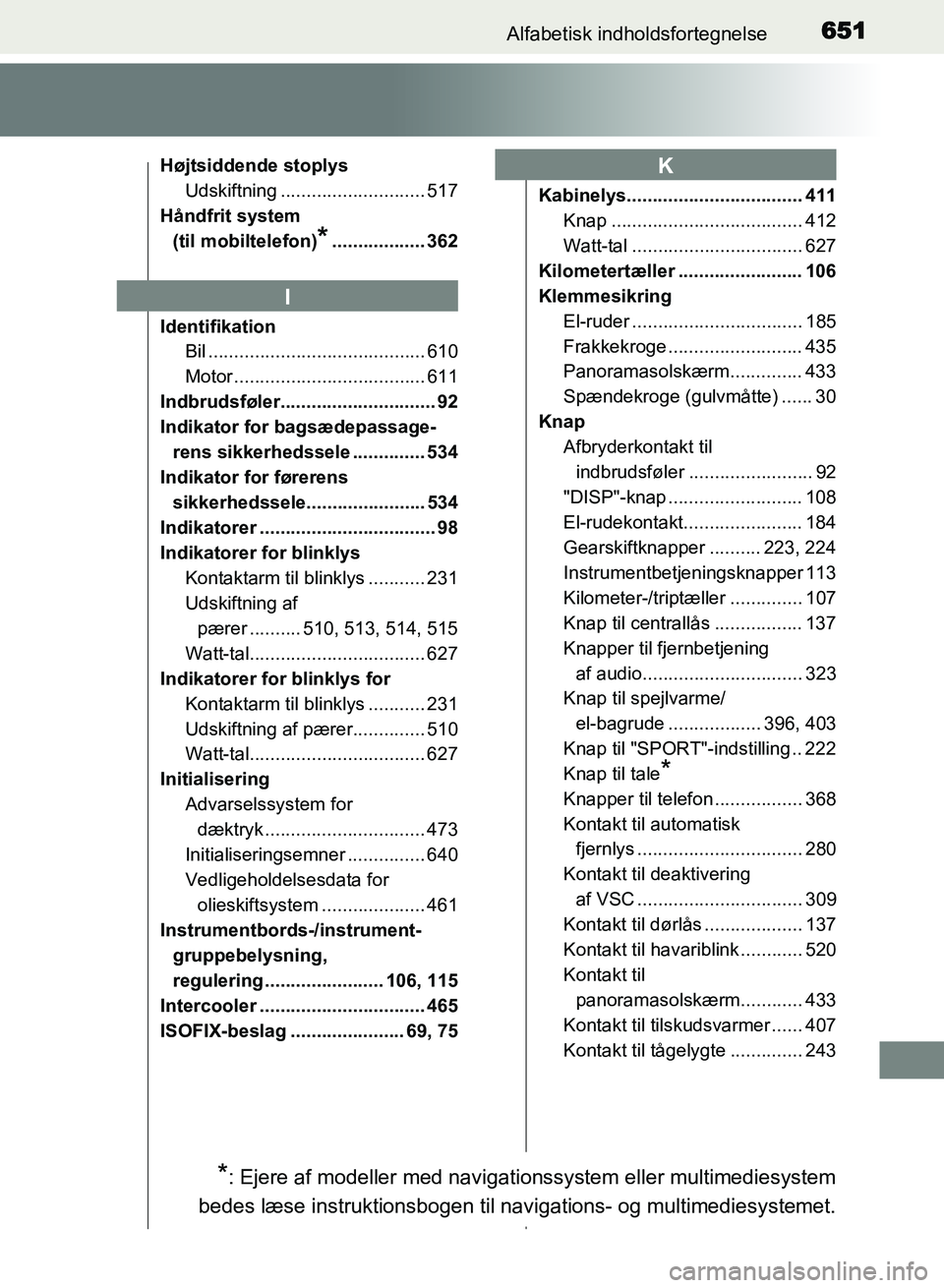 TOYOTA AVENSIS 2018  Brugsanvisning (in Danish) 651Alfabetisk indholdsfortegnelse
AVENSIS OM20C79DK
Højtsiddende stoplysUdskiftning ............................ 517
Håndfrit system  (til mobiltelefon)
*.................. 362
Identifikation Bil ..