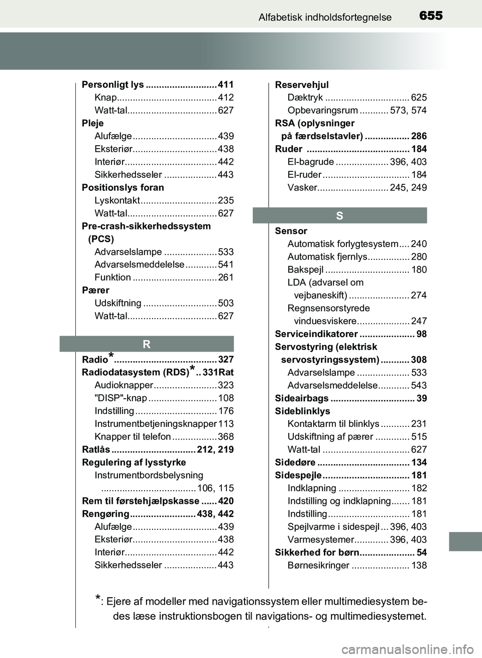 TOYOTA AVENSIS 2018  Brugsanvisning (in Danish) 655Alfabetisk indholdsfortegnelse
AVENSIS OM20C79DK
Personligt lys ........................... 411Knap...................................... 412
Watt-tal.................................. 627
Pleje Al