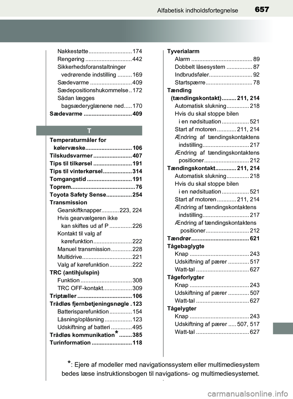 TOYOTA AVENSIS 2018  Brugsanvisning (in Danish) 657Alfabetisk indholdsfortegnelse
AVENSIS OM20C79DK
Nakkestøtte ........................... 174
Rengøring ............................. 442
Sikkerhedsforanstaltninger vedrørende indstilling .......