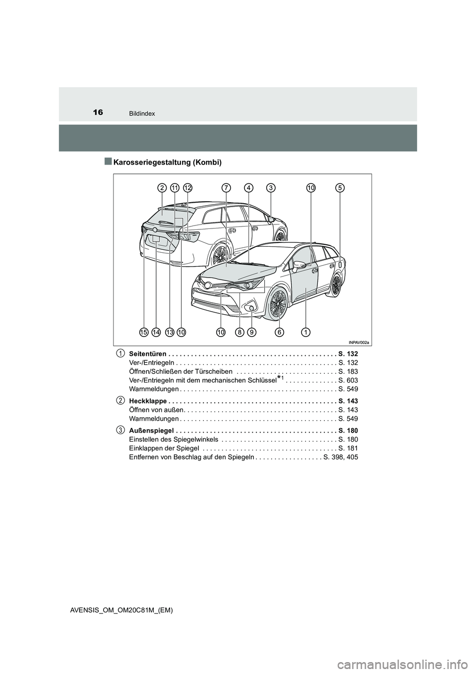 TOYOTA AVENSIS 2018 Betriebsanleitungen (in German) 16Bildindex
AVENSIS_OM_OM20C81M_(EM)
■Karosseriegestaltung (Kombi)
Seitentüren . . . . . . . . . . . . . . . . . . . . . . . . . . . . . . . . . . . . . . . . . . . . . S. 132
Ver-/Entriegeln . . . TOYOTA AVENSIS 2018 Betriebsanleitungen (in German) 16Bildindex
AVENSIS_OM_OM20C81M_(EM)
■Karosseriegestaltung (Kombi)
Seitentüren . . . . . . . . . . . . . . . . . . . . . . . . . . . . . . . . . . . . . . . . . . . . . S. 132
Ver-/Entriegeln . . .