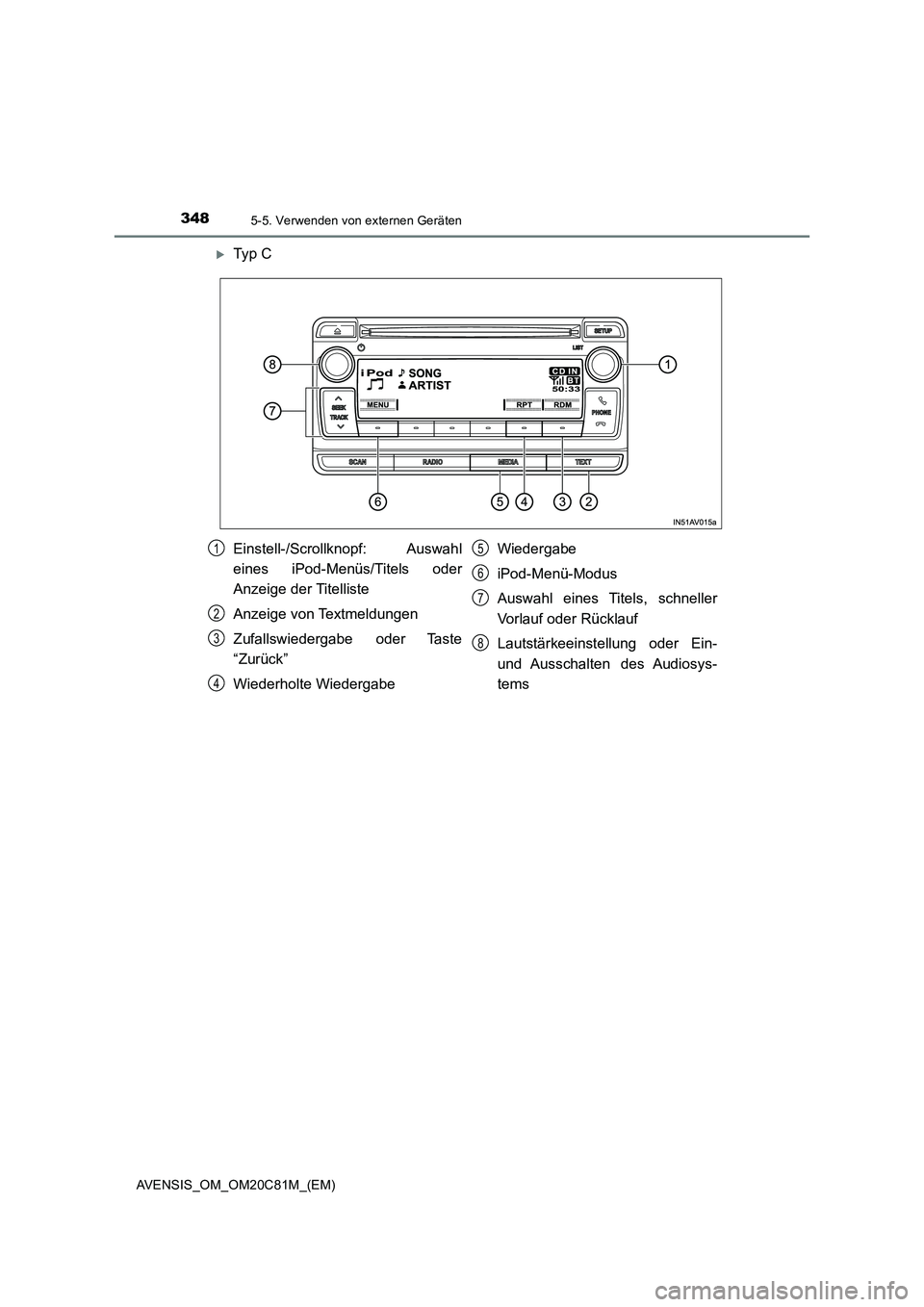 TOYOTA AVENSIS 2018 Betriebsanleitungen (in German) 3485-5. Verwenden von externen Geräten
AVENSIS_OM_OM20C81M_(EM)
Ty p C
Einstell-/Scrollknopf: Auswahl
eines iPod-Menüs/Titels oder
Anzeige der Titelliste
Anzeige von Textmeldungen
Zufallswiederg TOYOTA AVENSIS 2018 Betriebsanleitungen (in German) 3485-5. Verwenden von externen Geräten
AVENSIS_OM_OM20C81M_(EM)
Ty p C
Einstell-/Scrollknopf: Auswahl
eines iPod-Menüs/Titels oder
Anzeige der Titelliste
Anzeige von Textmeldungen
Zufallswiederg