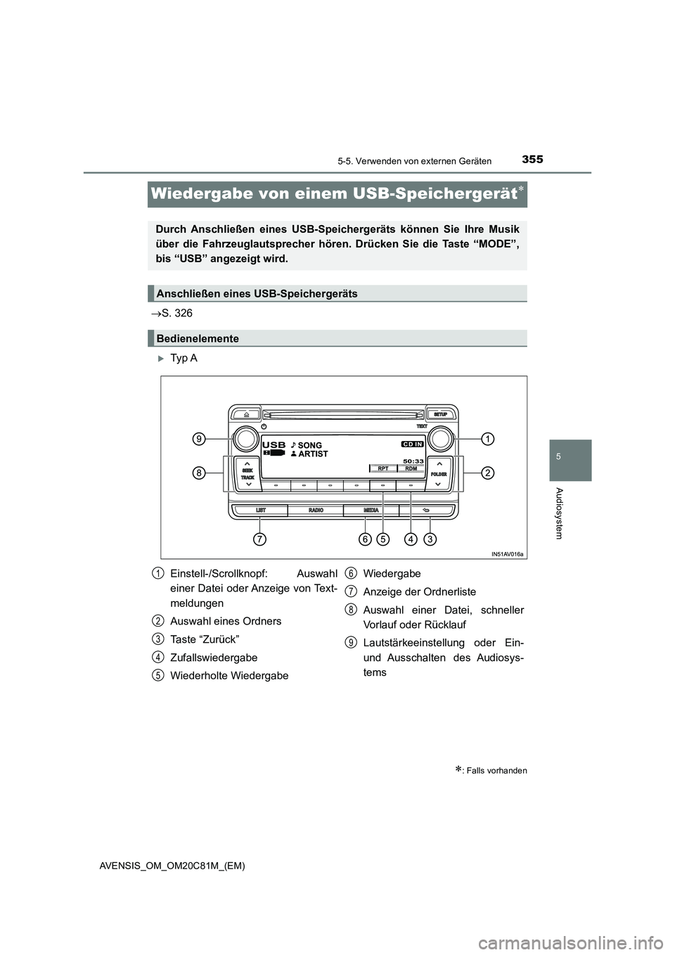 TOYOTA AVENSIS 2018 Betriebsanleitungen (in German) 355
5
5-5. Verwenden von externen Geräten
Audiosystem
AVENSIS_OM_OM20C81M_(EM)
Wiedergabe von einem USB-Speichergerät
S. 326
Ty p A
: Falls vorhanden
Durch Anschließen eines USB-Speic TOYOTA AVENSIS 2018 Betriebsanleitungen (in German) 355
5
5-5. Verwenden von externen Geräten
Audiosystem
AVENSIS_OM_OM20C81M_(EM)
Wiedergabe von einem USB-Speichergerät
S. 326
Ty p A
: Falls vorhanden
Durch Anschließen eines USB-Speic