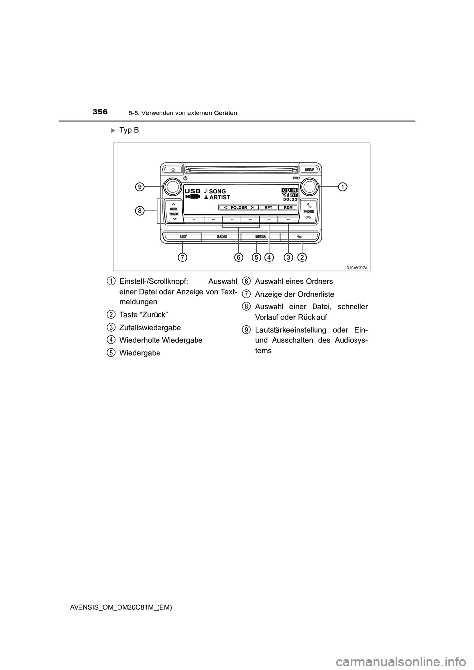 TOYOTA AVENSIS 2018 Betriebsanleitungen (in German) 3565-5. Verwenden von externen Geräten
AVENSIS_OM_OM20C81M_(EM)
Ty p B
Einstell-/Scrollknopf: Auswahl
einer Datei oder Anzeige von Text-
meldungen
Taste “Zurück”
Zufallswiedergabe
Wiederholt TOYOTA AVENSIS 2018 Betriebsanleitungen (in German) 3565-5. Verwenden von externen Geräten
AVENSIS_OM_OM20C81M_(EM)
Ty p B
Einstell-/Scrollknopf: Auswahl
einer Datei oder Anzeige von Text-
meldungen
Taste “Zurück”
Zufallswiedergabe
Wiederholt