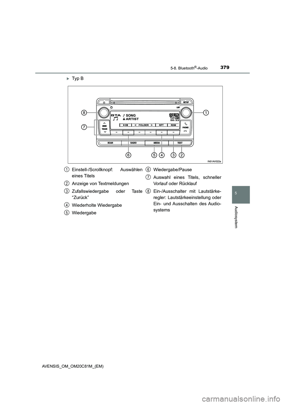 TOYOTA AVENSIS 2018 Betriebsanleitungen (in German) 3795-8. Bluetooth®-Audio
5
Audiosystem
AVENSIS_OM_OM20C81M_(EM)
Ty p B
Einstell-/Scrollknopf: Auswählen
eines Titels
Anzeige von Textmeldungen
Zufallswiedergabe oder Taste
“Zurück”
Wiederho TOYOTA AVENSIS 2018 Betriebsanleitungen (in German) 3795-8. Bluetooth®-Audio
5
Audiosystem
AVENSIS_OM_OM20C81M_(EM)
Ty p B
Einstell-/Scrollknopf: Auswählen
eines Titels
Anzeige von Textmeldungen
Zufallswiedergabe oder Taste
“Zurück”
Wiederho