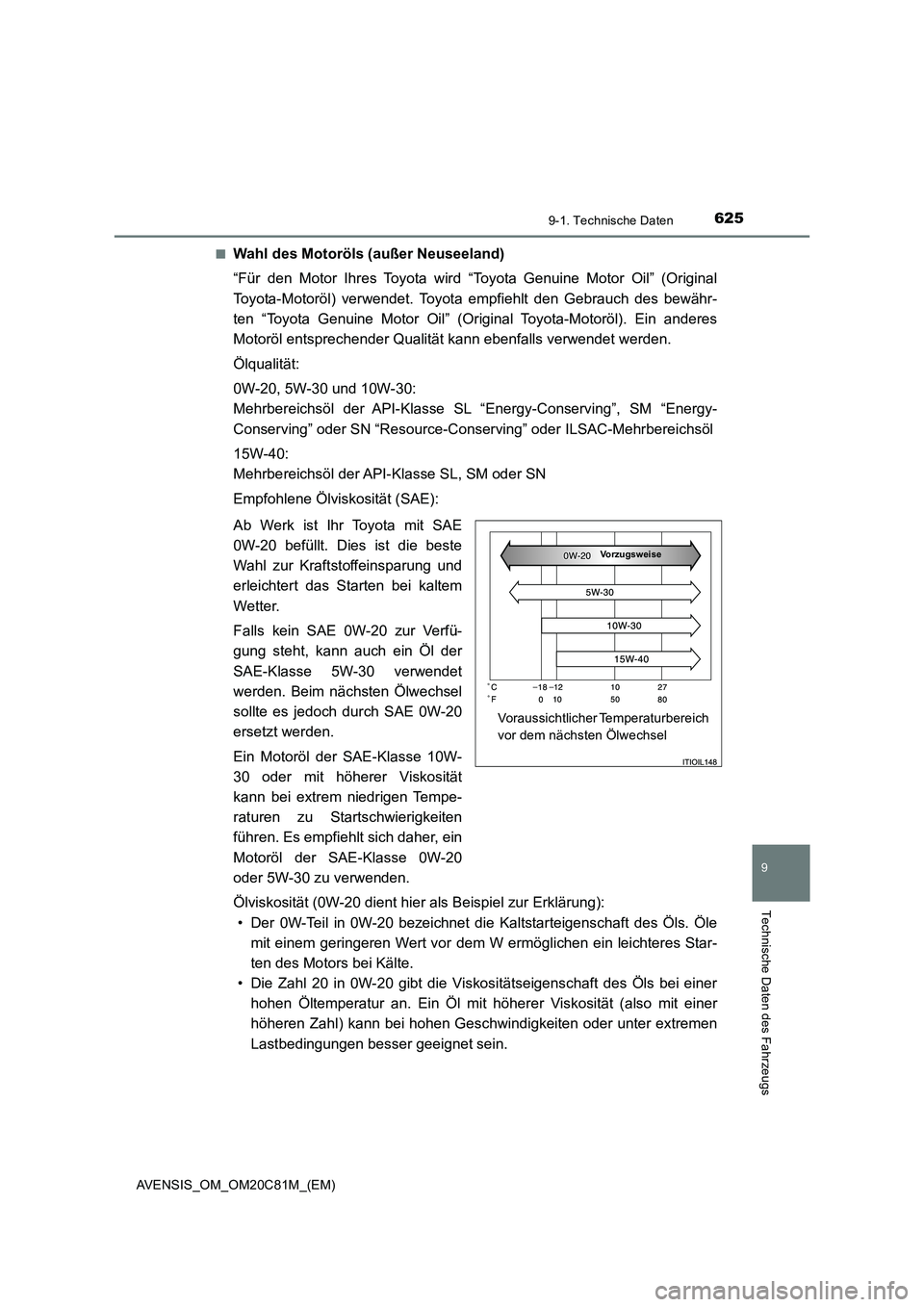TOYOTA AVENSIS 2018 Betriebsanleitungen (in German) 6259-1. Technische Daten
AVENSIS_OM_OM20C81M_(EM)
9
Technische Daten des Fahrzeugs
■Wahl des Motoröls (außer Neuseeland)
“Für den Motor Ihres Toyota wird “Toyota Genuine Motor Oil” (Origina TOYOTA AVENSIS 2018 Betriebsanleitungen (in German) 6259-1. Technische Daten
AVENSIS_OM_OM20C81M_(EM)
9
Technische Daten des Fahrzeugs
■Wahl des Motoröls (außer Neuseeland)
“Für den Motor Ihres Toyota wird “Toyota Genuine Motor Oil” (Origina