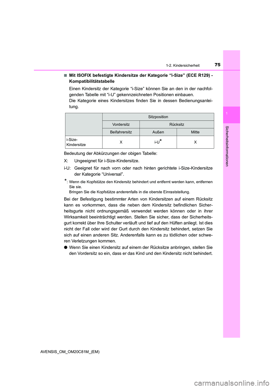 TOYOTA AVENSIS 2018  Betriebsanleitungen (in German) 751-2. Kindersicherheit
1
AVENSIS_OM_OM20C81M_(EM)
Sicherheitsinformationen
■Mit ISOFIX befestigte Kindersitze der Kategorie “i-Size” (ECE R129) - 
Kompatibilitätstabelle 
Einen Kindersitz der 