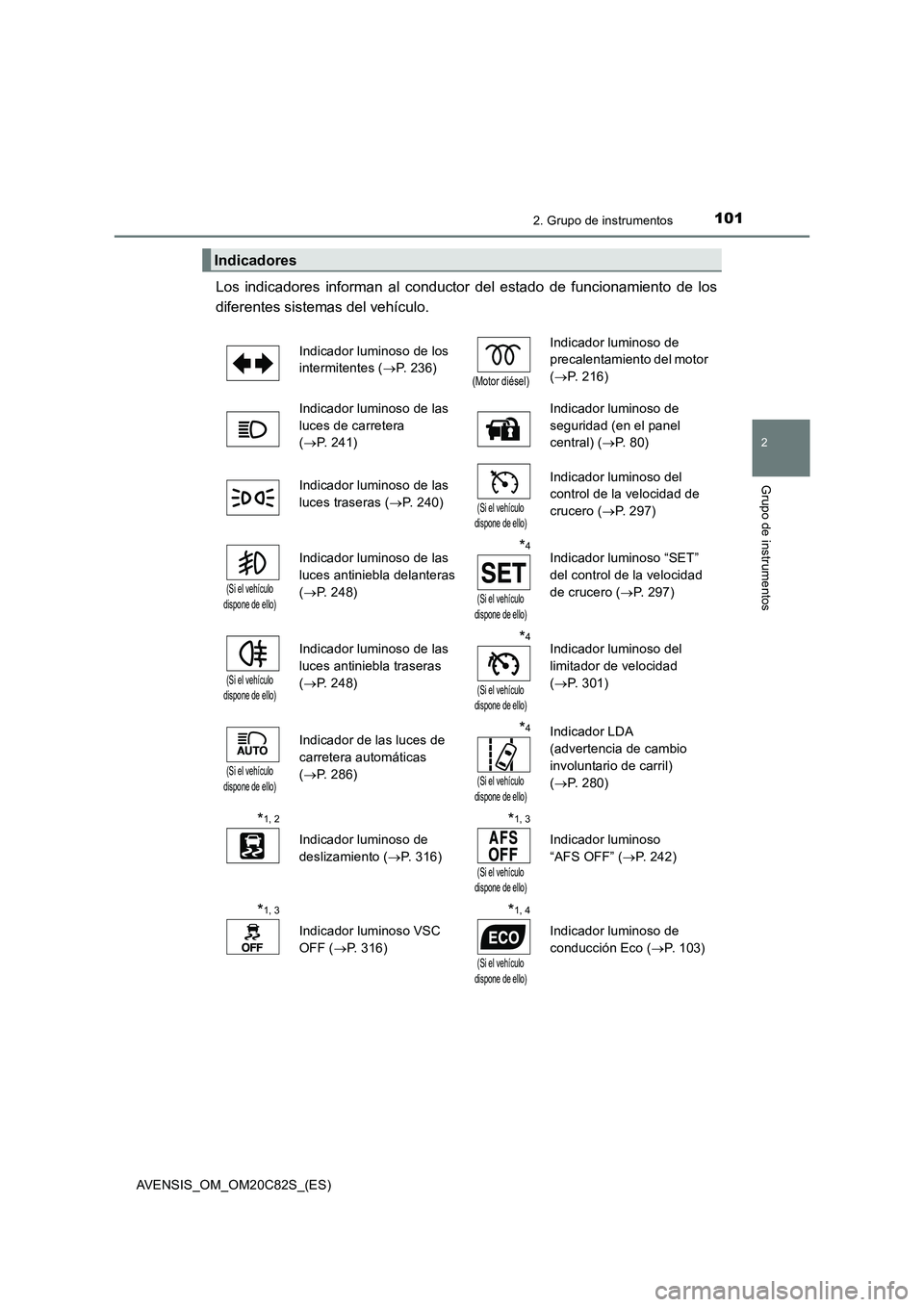TOYOTA AVENSIS 2018  Manual del propietario (in Spanish) 1012. Grupo de instrumentos
2
Grupo de instrumentos
AVENSIS_OM_OM20C82S_(ES)
Los indicadores informan al conductor del estado de funcionamiento de los
diferentes sistemas del vehículo.
Indicadores
In