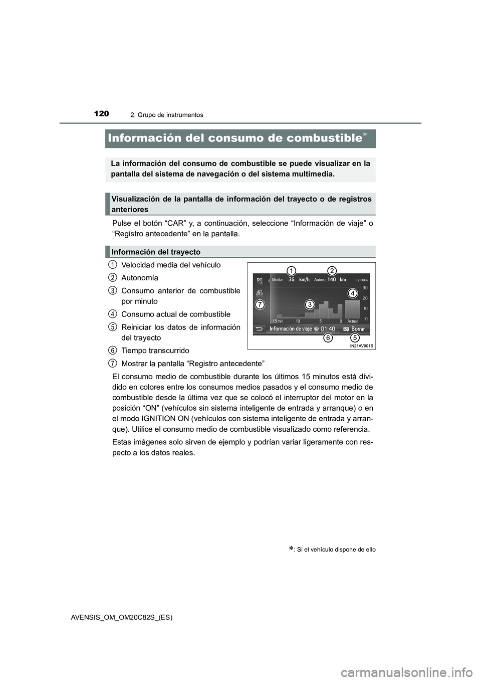TOYOTA AVENSIS 2018 Manual del propietario (in Spanish) 1202. Grupo de instrumentos
AVENSIS_OM_OM20C82S_(ES)
Información del consumo de combustible
Pulse el botón “CAR” y, a continuación, seleccione “Información de viaje” o
“Registro antec TOYOTA AVENSIS 2018 Manual del propietario (in Spanish) 1202. Grupo de instrumentos
AVENSIS_OM_OM20C82S_(ES)
Información del consumo de combustible
Pulse el botón “CAR” y, a continuación, seleccione “Información de viaje” o
“Registro antec
