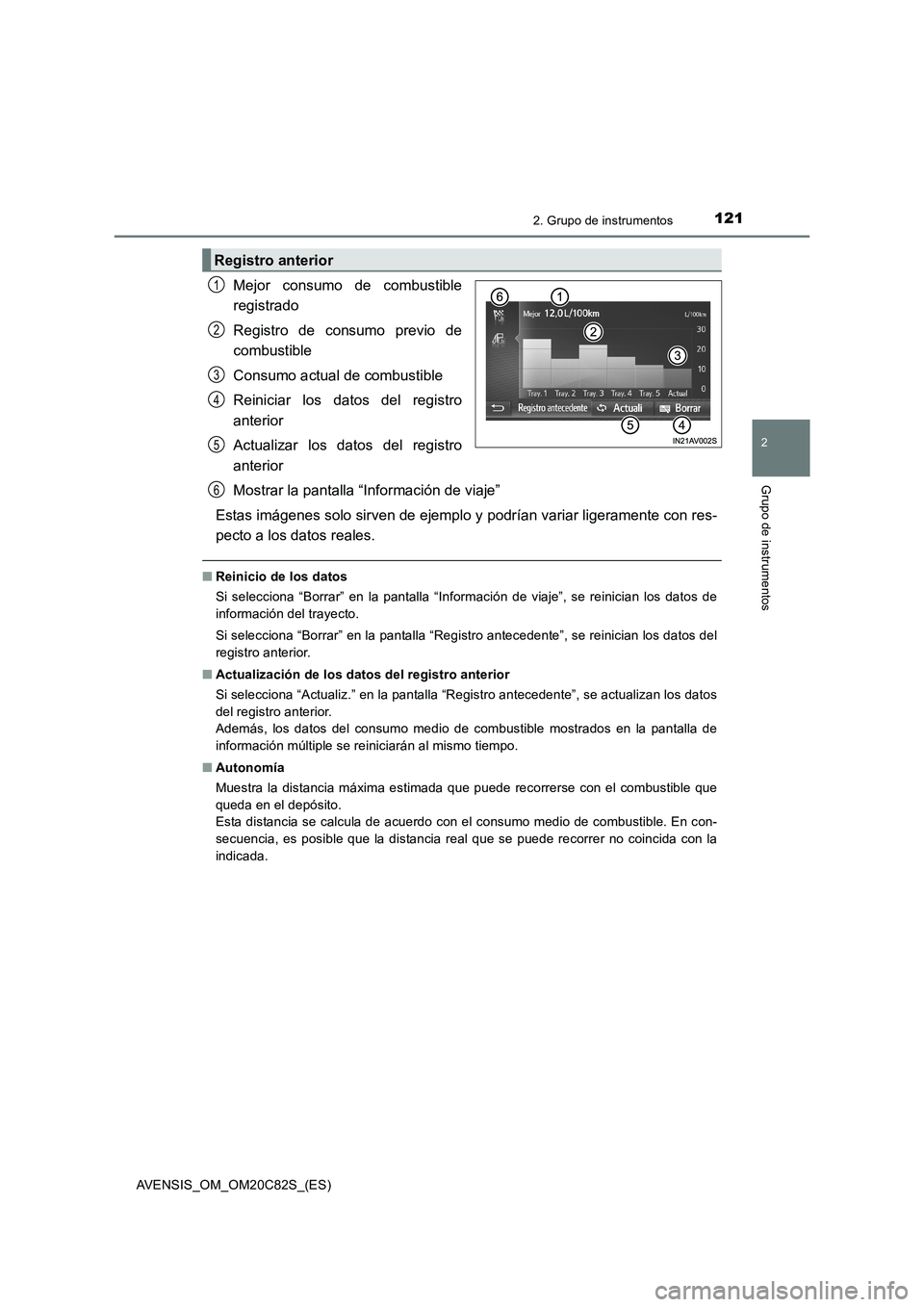TOYOTA AVENSIS 2018  Manual del propietario (in Spanish) 1212. Grupo de instrumentos
2
Grupo de instrumentos
AVENSIS_OM_OM20C82S_(ES)
Mejor consumo de combustible
registrado
Registro de consumo previo de
combustible
Consumo actual de combustible
Reiniciar l
