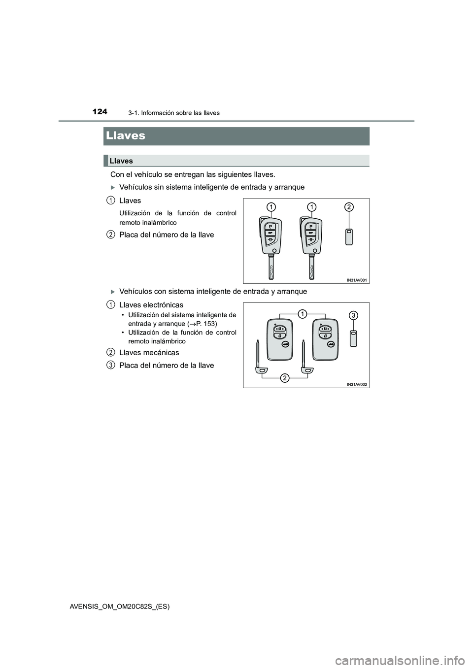 TOYOTA AVENSIS 2018  Manual del propietario (in Spanish) 1243-1. Información sobre las llaves
AVENSIS_OM_OM20C82S_(ES)
Llaves
Con el vehículo se entregan las siguientes llaves.
Vehículos sin sistema inteligente de entrada y arranque 
Llaves
Utilizaci