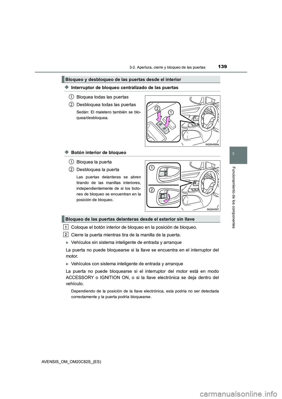 TOYOTA AVENSIS 2018  Manual del propietario (in Spanish) 1393-2. Apertura, cierre y bloqueo de las puertas
3
Funcionamiento de los componentes
AVENSIS_OM_OM20C82S_(ES)
◆Interruptor de bloqueo centralizado de las puertas
Bloquea todas las puertas
Desbloque