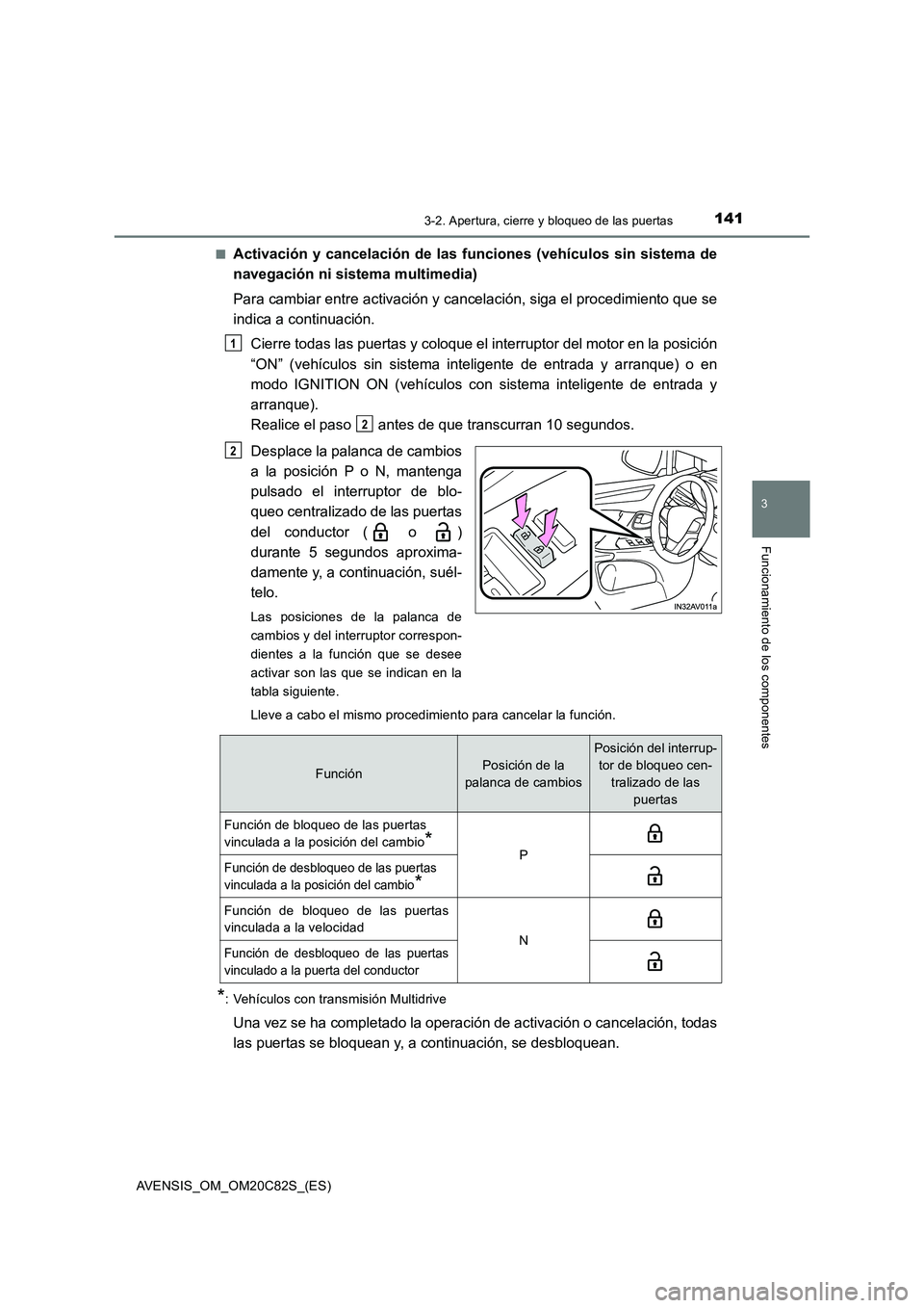 TOYOTA AVENSIS 2018  Manual del propietario (in Spanish) 1413-2. Apertura, cierre y bloqueo de las puertas
3
Funcionamiento de los componentes
AVENSIS_OM_OM20C82S_(ES)■
Activación y cancelación de las funciones (vehículos sin sistema de
navegación ni 