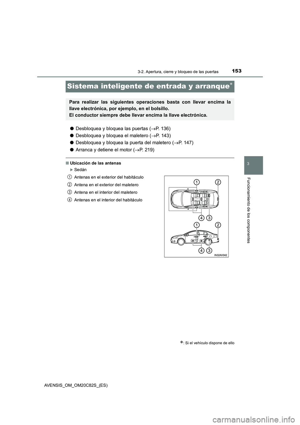 TOYOTA AVENSIS 2018 Manual del propietario (in Spanish) 153
3
3-2. Apertura, cierre y bloqueo de las puertas
Funcionamiento de los componentes
AVENSIS_OM_OM20C82S_(ES)
Sistema inteligente de entrada y arranque
●Desbloquea y bloquea las puertas (P. TOYOTA AVENSIS 2018 Manual del propietario (in Spanish) 153
3
3-2. Apertura, cierre y bloqueo de las puertas
Funcionamiento de los componentes
AVENSIS_OM_OM20C82S_(ES)
Sistema inteligente de entrada y arranque
●Desbloquea y bloquea las puertas (P.