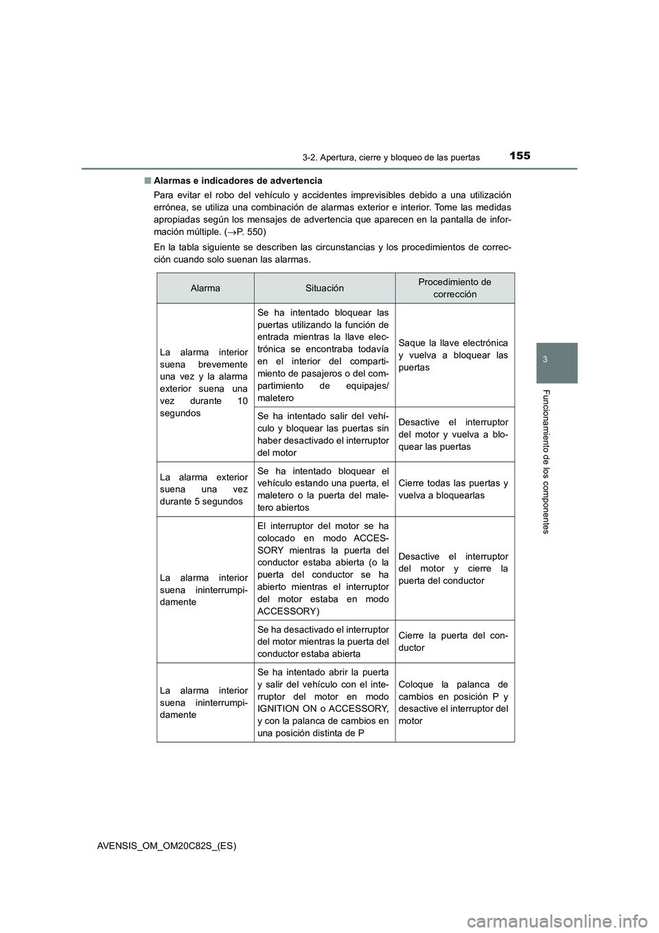 TOYOTA AVENSIS 2018 Manual del propietario (in Spanish) 1553-2. Apertura, cierre y bloqueo de las puertas
3
Funcionamiento de los componentes
AVENSIS_OM_OM20C82S_(ES)■Alarmas e indicadores de advertencia
Para evitar el robo del vehículo y accidentes imp TOYOTA AVENSIS 2018 Manual del propietario (in Spanish) 1553-2. Apertura, cierre y bloqueo de las puertas
3
Funcionamiento de los componentes
AVENSIS_OM_OM20C82S_(ES)■Alarmas e indicadores de advertencia
Para evitar el robo del vehículo y accidentes imp