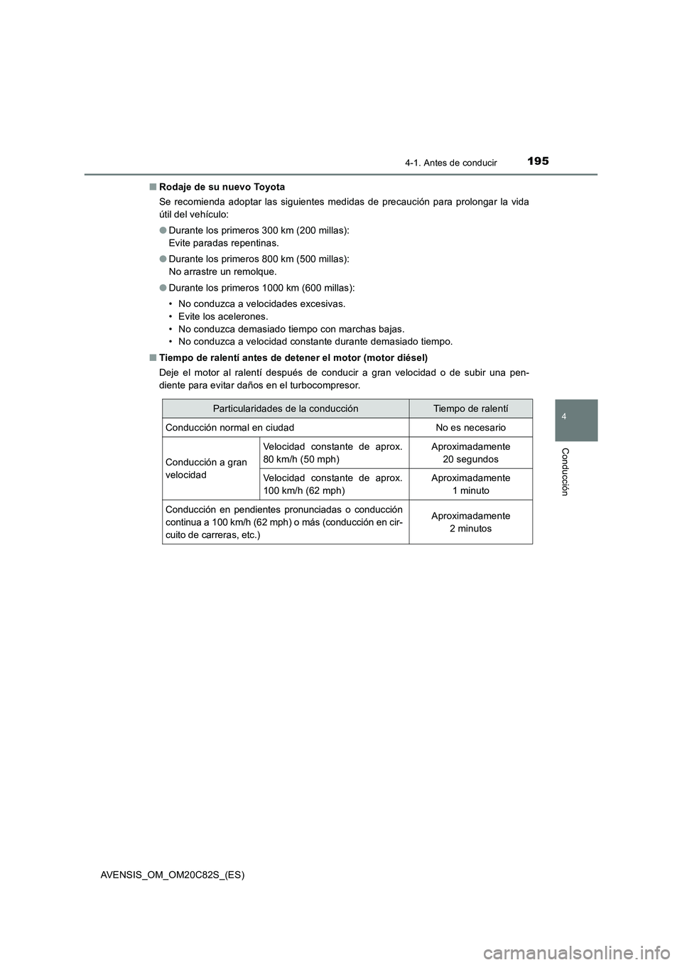 TOYOTA AVENSIS 2018  Manual del propietario (in Spanish) 1954-1. Antes de conducir
4
Conducción
AVENSIS_OM_OM20C82S_(ES)■Rodaje de su nuevo Toyota
Se recomienda adoptar las siguientes medidas de precaución para prolongar la vida
útil del vehículo:
●