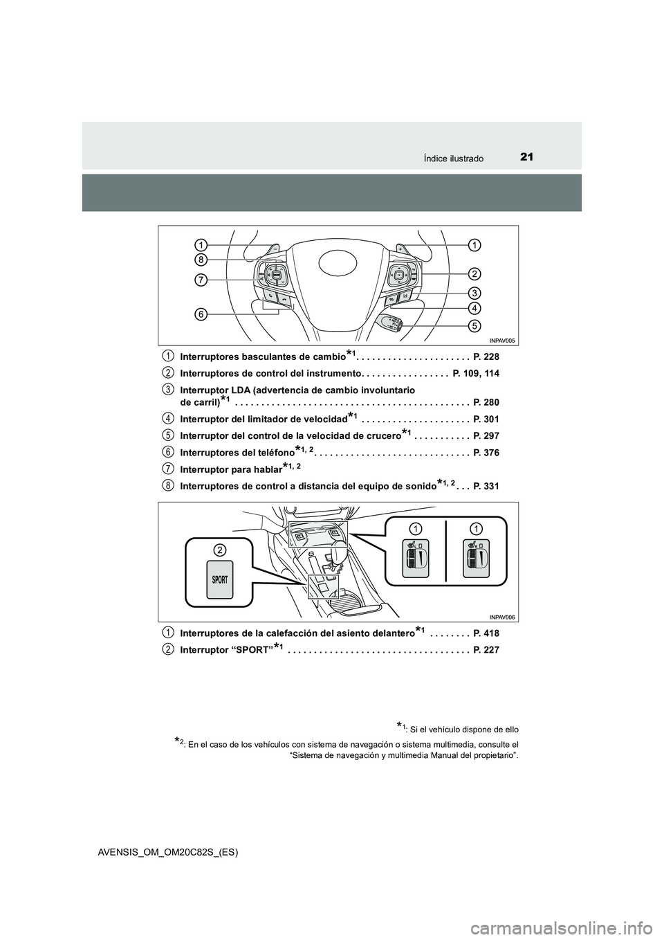 TOYOTA AVENSIS 2018 Manual del propietario (in Spanish) 21Índice ilustrado
AVENSIS_OM_OM20C82S_(ES)
Interruptores basculantes de cambio*1. . . . . . . . . . . . . . . . . . . . . . P. 228
Interruptores de control del instrumento. . . . . . . . . . . . TOYOTA AVENSIS 2018 Manual del propietario (in Spanish) 21Índice ilustrado
AVENSIS_OM_OM20C82S_(ES)
Interruptores basculantes de cambio*1. . . . . . . . . . . . . . . . . . . . . . P. 228
Interruptores de control del instrumento. . . . . . . . . . . .