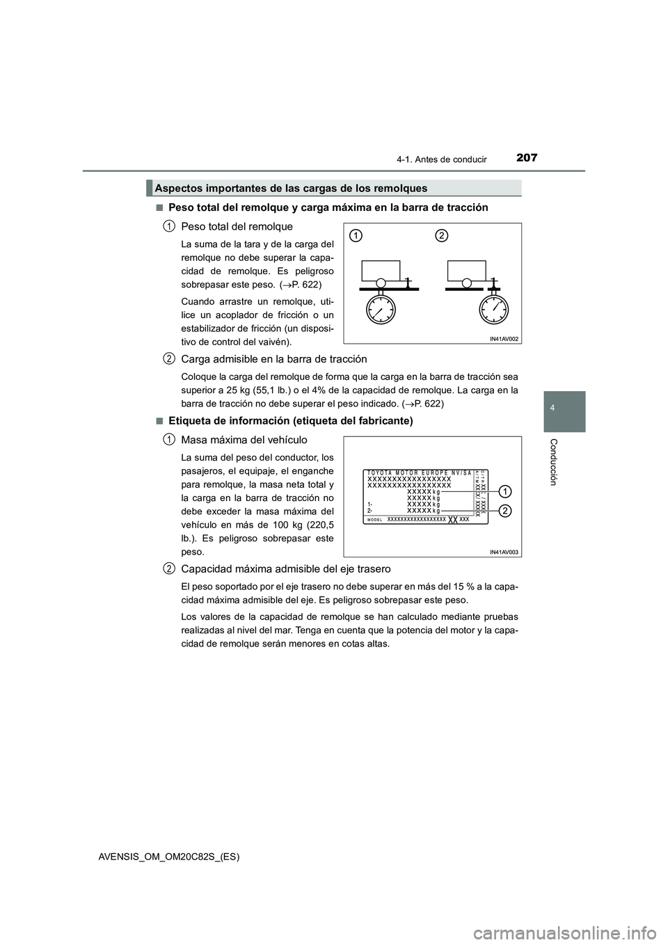 TOYOTA AVENSIS 2018 Manual del propietario (in Spanish) 2074-1. Antes de conducir
4
Conducción
AVENSIS_OM_OM20C82S_(ES)
■Peso total del remolque y carga máxima en la barra de tracción
Peso total del remolque
La suma de la tara y de la carga del
rem TOYOTA AVENSIS 2018 Manual del propietario (in Spanish) 2074-1. Antes de conducir
4
Conducción
AVENSIS_OM_OM20C82S_(ES)
■Peso total del remolque y carga máxima en la barra de tracción
Peso total del remolque
La suma de la tara y de la carga del
rem