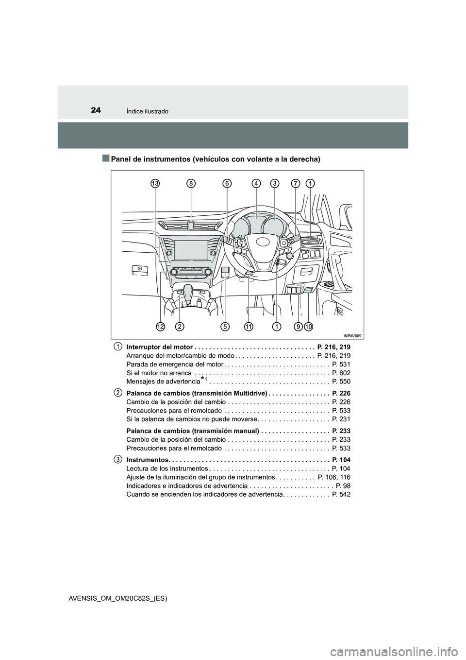 TOYOTA AVENSIS 2018 Manual del propietario (in Spanish) 24Índice ilustrado
AVENSIS_OM_OM20C82S_(ES)
■Panel de instrumentos (vehículos con volante a la derecha)
Interruptor del motor . . . . . . . . . . . . . . . . . . . . . . . . . . . . . . . . . P. TOYOTA AVENSIS 2018 Manual del propietario (in Spanish) 24Índice ilustrado
AVENSIS_OM_OM20C82S_(ES)
■Panel de instrumentos (vehículos con volante a la derecha)
Interruptor del motor . . . . . . . . . . . . . . . . . . . . . . . . . . . . . . . . . P.