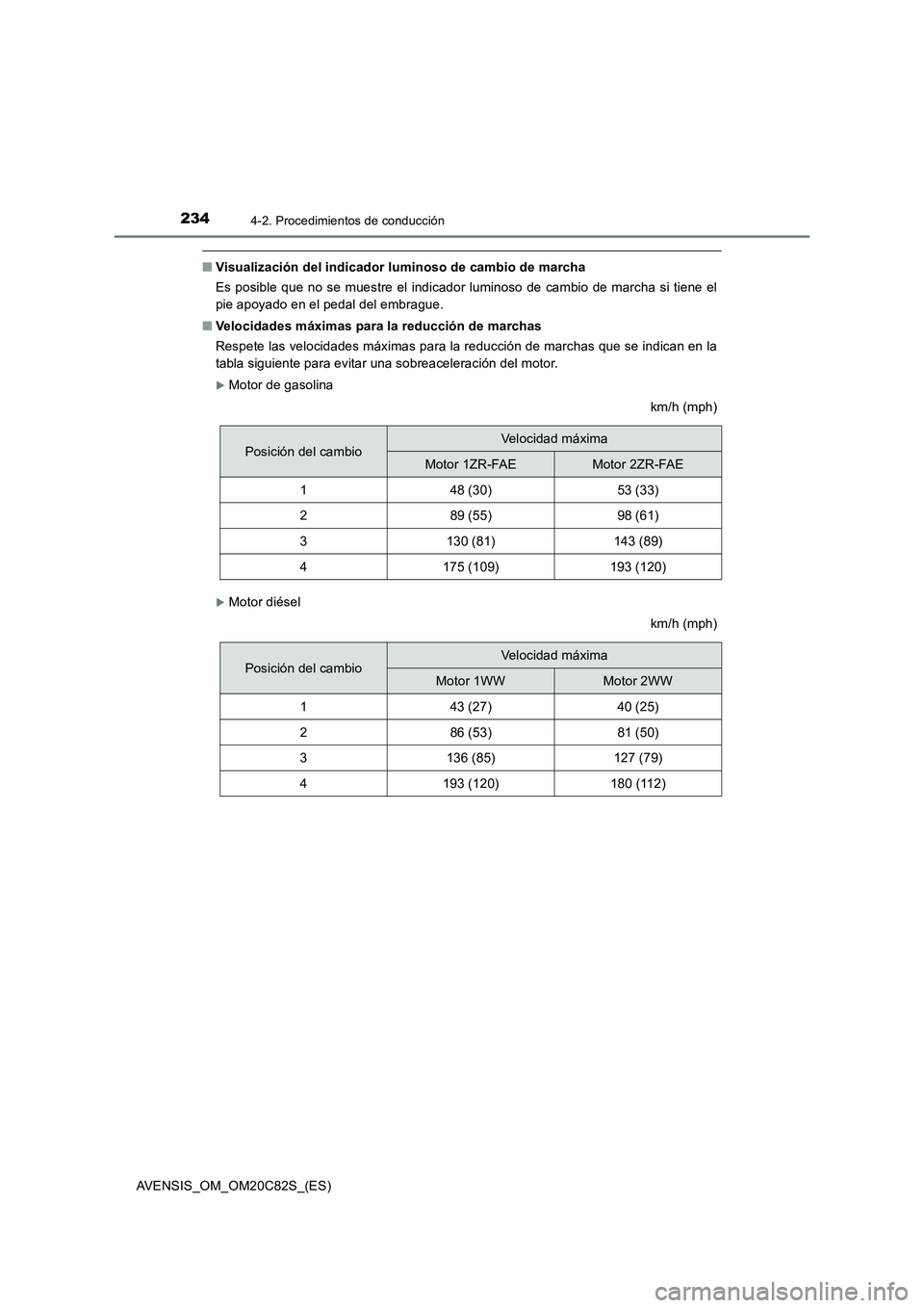TOYOTA AVENSIS 2018 Manual del propietario (in Spanish) 2344-2. Procedimientos de conducción
AVENSIS_OM_OM20C82S_(ES)
■Visualización del indicador luminoso de cambio de marcha
Es posible que no se muestre el indicador luminoso de cambio de marcha si ti TOYOTA AVENSIS 2018 Manual del propietario (in Spanish) 2344-2. Procedimientos de conducción
AVENSIS_OM_OM20C82S_(ES)
■Visualización del indicador luminoso de cambio de marcha
Es posible que no se muestre el indicador luminoso de cambio de marcha si ti