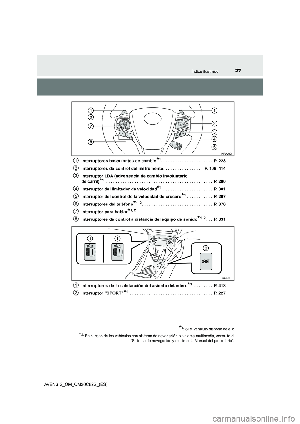TOYOTA AVENSIS 2018 Manual del propietario (in Spanish) 27Índice ilustrado
AVENSIS_OM_OM20C82S_(ES)
Interruptores basculantes de cambio*1. . . . . . . . . . . . . . . . . . . . . . P. 228
Interruptores de control del instrumento. . . . . . . . . . . . TOYOTA AVENSIS 2018 Manual del propietario (in Spanish) 27Índice ilustrado
AVENSIS_OM_OM20C82S_(ES)
Interruptores basculantes de cambio*1. . . . . . . . . . . . . . . . . . . . . . P. 228
Interruptores de control del instrumento. . . . . . . . . . . .