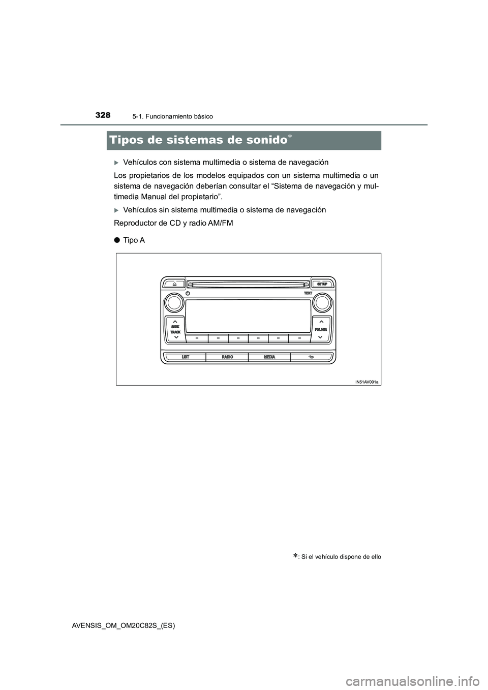 TOYOTA AVENSIS 2018 Manual del propietario (in Spanish) 3285-1. Funcionamiento básico
AVENSIS_OM_OM20C82S_(ES)
Tipos de sistemas de sonido
Vehículos con sistema multimedia o sistema de navegación
Los propietarios de los modelos equipados con un si TOYOTA AVENSIS 2018 Manual del propietario (in Spanish) 3285-1. Funcionamiento básico
AVENSIS_OM_OM20C82S_(ES)
Tipos de sistemas de sonido
Vehículos con sistema multimedia o sistema de navegación
Los propietarios de los modelos equipados con un si
