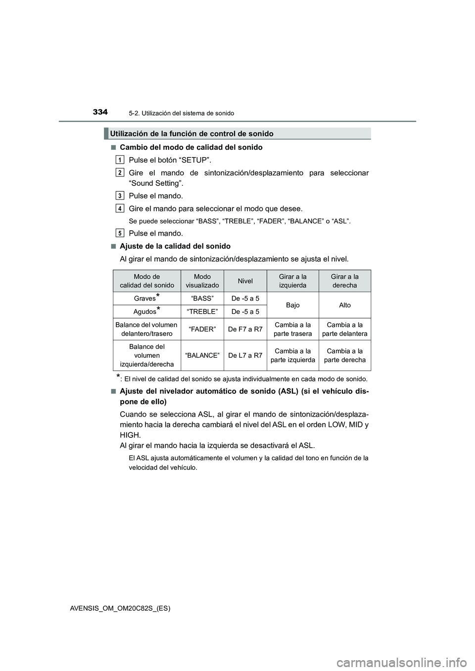 TOYOTA AVENSIS 2018 Manual del propietario (in Spanish) 3345-2. Utilización del sistema de sonido
AVENSIS_OM_OM20C82S_(ES)■
Cambio del modo de calidad del sonido
Pulse el botón “SETUP”.
Gire el mando de sintonización/desplazamiento para selecciona TOYOTA AVENSIS 2018 Manual del propietario (in Spanish) 3345-2. Utilización del sistema de sonido
AVENSIS_OM_OM20C82S_(ES)■
Cambio del modo de calidad del sonido
Pulse el botón “SETUP”.
Gire el mando de sintonización/desplazamiento para selecciona