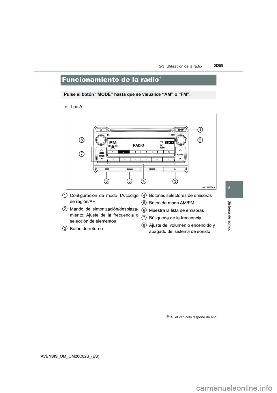 TOYOTA AVENSIS 2018 Manual del propietario (in Spanish) 335
5
5-3. Utilización de la radio
Sistema de sonido
AVENSIS_OM_OM20C82S_(ES)
Funcionamiento de la radio
Tipo A
: Si el vehículo dispone de ello
Pulse el botón “MODE” hasta que se visu TOYOTA AVENSIS 2018 Manual del propietario (in Spanish) 335
5
5-3. Utilización de la radio
Sistema de sonido
AVENSIS_OM_OM20C82S_(ES)
Funcionamiento de la radio
Tipo A
: Si el vehículo dispone de ello
Pulse el botón “MODE” hasta que se visu