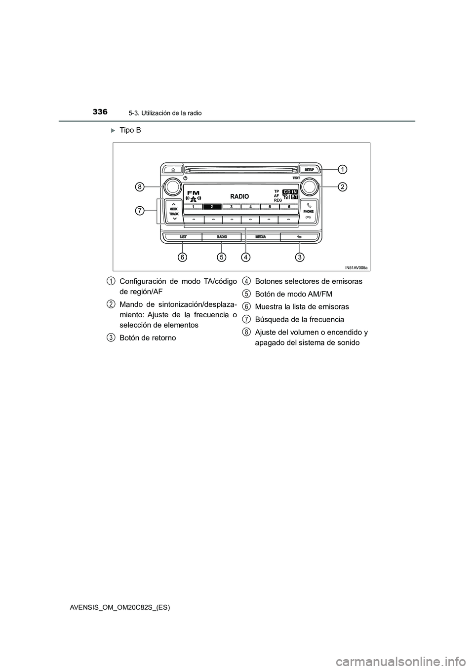 TOYOTA AVENSIS 2018 Manual del propietario (in Spanish) 3365-3. Utilización de la radio
AVENSIS_OM_OM20C82S_(ES)
Tipo B
Configuración de modo TA/código
de región/AF
Mando de sintonización/desplaza-
miento: Ajuste de la frecuencia o
selección de el TOYOTA AVENSIS 2018 Manual del propietario (in Spanish) 3365-3. Utilización de la radio
AVENSIS_OM_OM20C82S_(ES)
Tipo B
Configuración de modo TA/código
de región/AF
Mando de sintonización/desplaza-
miento: Ajuste de la frecuencia o
selección de el