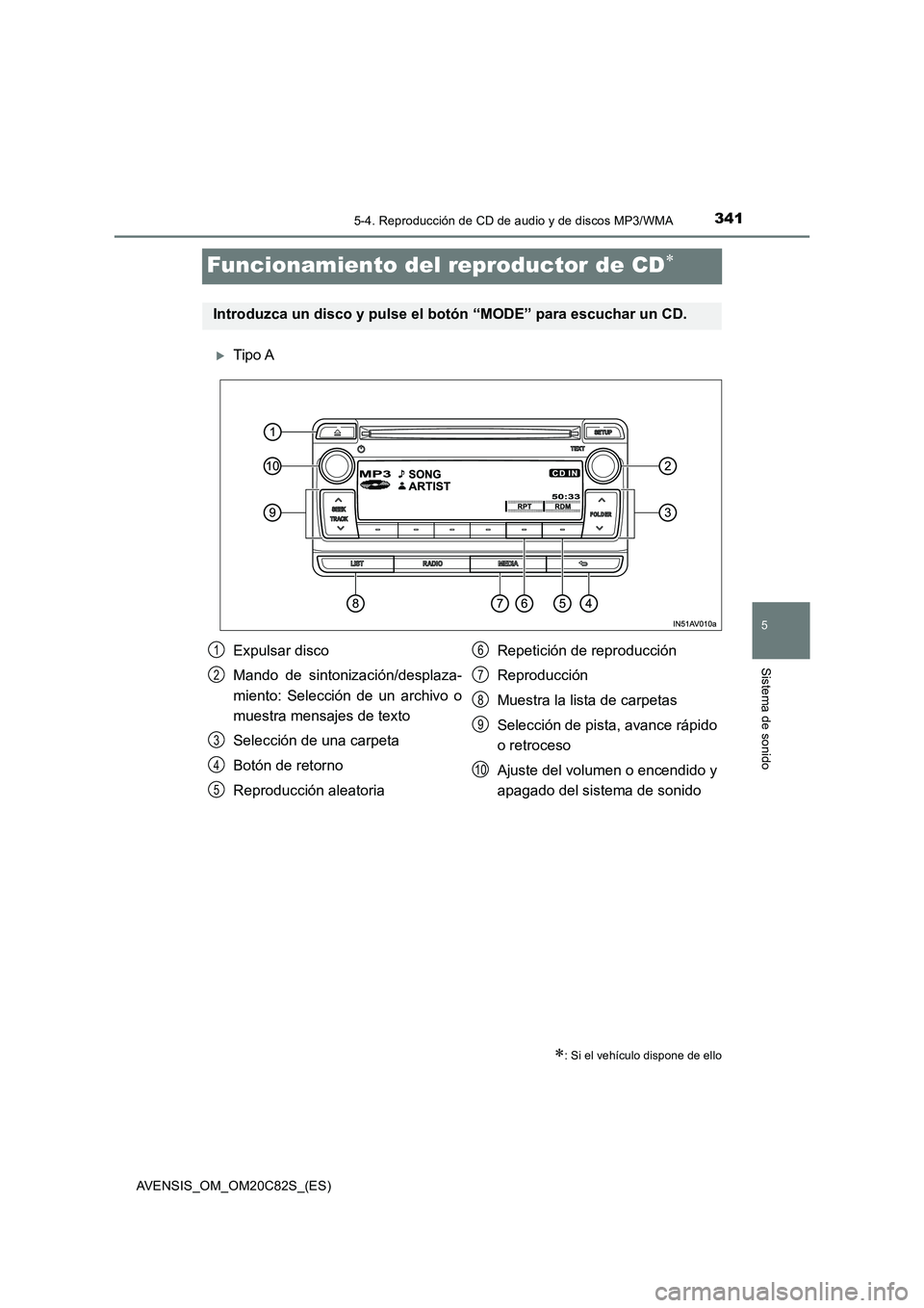 TOYOTA AVENSIS 2018 Manual del propietario (in Spanish) 341
5
5-4. Reproducción de CD de audio y de discos MP3/WMA
Sistema de sonido
AVENSIS_OM_OM20C82S_(ES)
Funcionamiento del reproductor de CD
Tipo A
: Si el vehículo dispone de ello
Introduzca TOYOTA AVENSIS 2018 Manual del propietario (in Spanish) 341
5
5-4. Reproducción de CD de audio y de discos MP3/WMA
Sistema de sonido
AVENSIS_OM_OM20C82S_(ES)
Funcionamiento del reproductor de CD
Tipo A
: Si el vehículo dispone de ello
Introduzca
