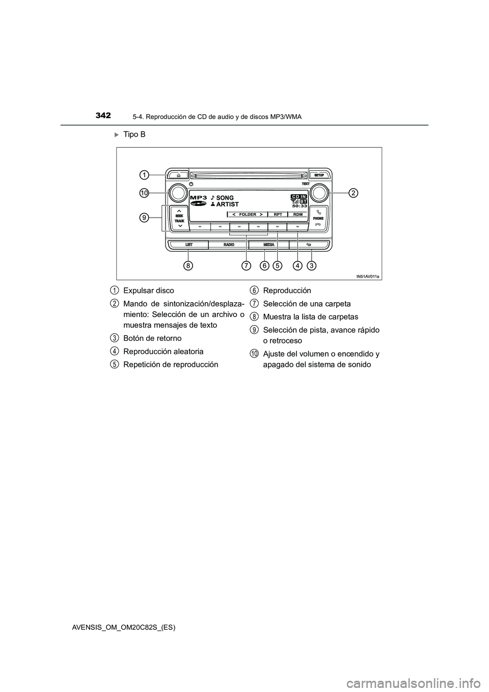 TOYOTA AVENSIS 2018 Manual del propietario (in Spanish) 3425-4. Reproducción de CD de audio y de discos MP3/WMA
AVENSIS_OM_OM20C82S_(ES)
Tipo B
Expulsar disco
Mando de sintonización/desplaza-
miento: Selección de un archivo o
muestra mensajes de text TOYOTA AVENSIS 2018 Manual del propietario (in Spanish) 3425-4. Reproducción de CD de audio y de discos MP3/WMA
AVENSIS_OM_OM20C82S_(ES)
Tipo B
Expulsar disco
Mando de sintonización/desplaza-
miento: Selección de un archivo o
muestra mensajes de text