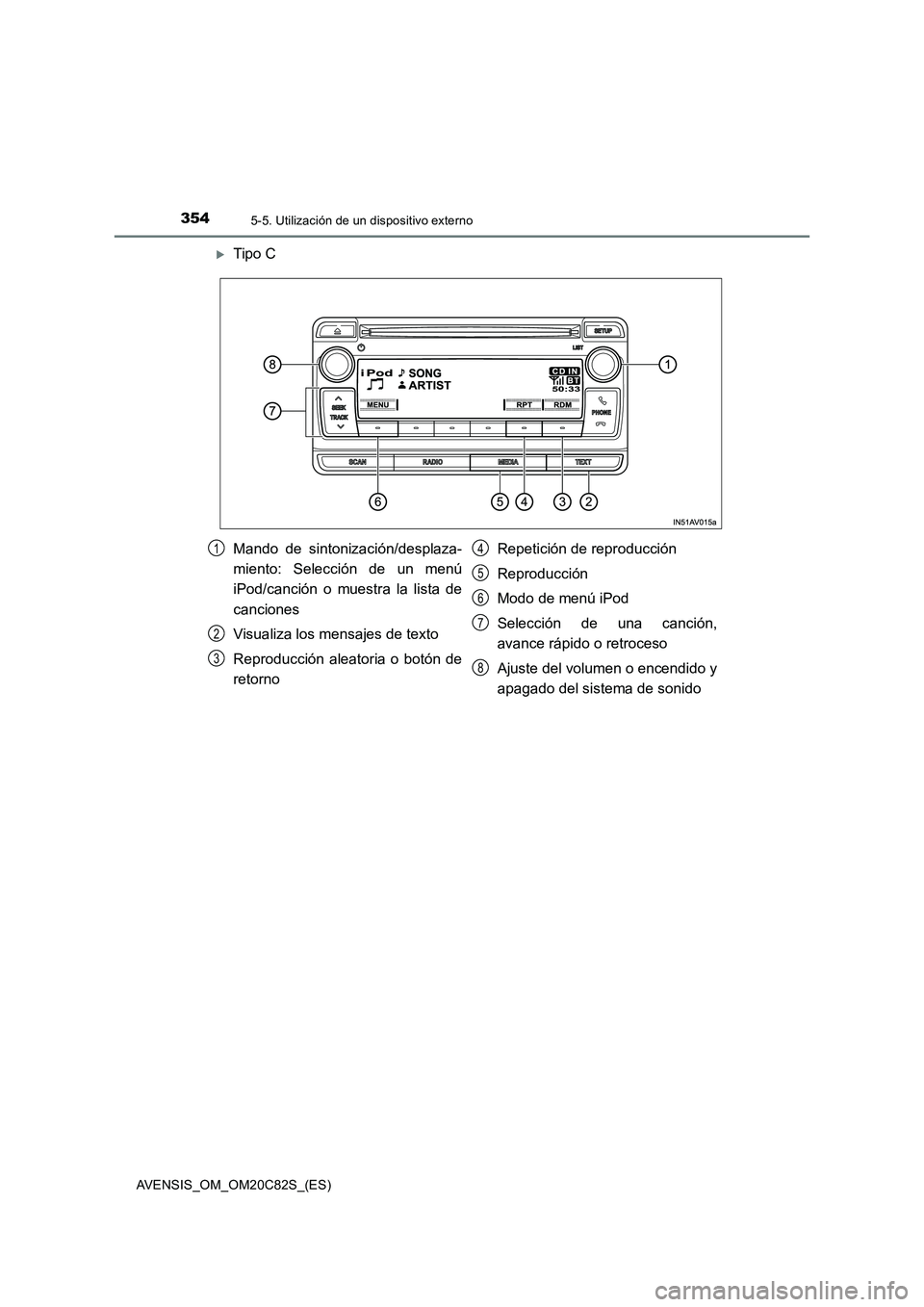 TOYOTA AVENSIS 2018 Manual del propietario (in Spanish) 3545-5. Utilización de un dispositivo externo
AVENSIS_OM_OM20C82S_(ES)
Tipo C
Mando de sintonización/desplaza-
miento: Selección de un menú
iPod/canción o muestra la lista de
canciones
Visuali TOYOTA AVENSIS 2018 Manual del propietario (in Spanish) 3545-5. Utilización de un dispositivo externo
AVENSIS_OM_OM20C82S_(ES)
Tipo C
Mando de sintonización/desplaza-
miento: Selección de un menú
iPod/canción o muestra la lista de
canciones
Visuali