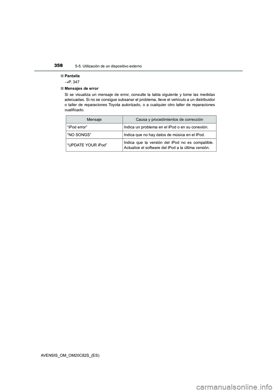 TOYOTA AVENSIS 2018 Manual del propietario (in Spanish) 3585-5. Utilización de un dispositivo externo
AVENSIS_OM_OM20C82S_(ES)■Pantalla
P. 3 4 7
■Mensajes de error
Si se visualiza un mensaje de error, consulte la tabla siguiente y tome las medidas TOYOTA AVENSIS 2018 Manual del propietario (in Spanish) 3585-5. Utilización de un dispositivo externo
AVENSIS_OM_OM20C82S_(ES)■Pantalla
P. 3 4 7
■Mensajes de error
Si se visualiza un mensaje de error, consulte la tabla siguiente y tome las medidas