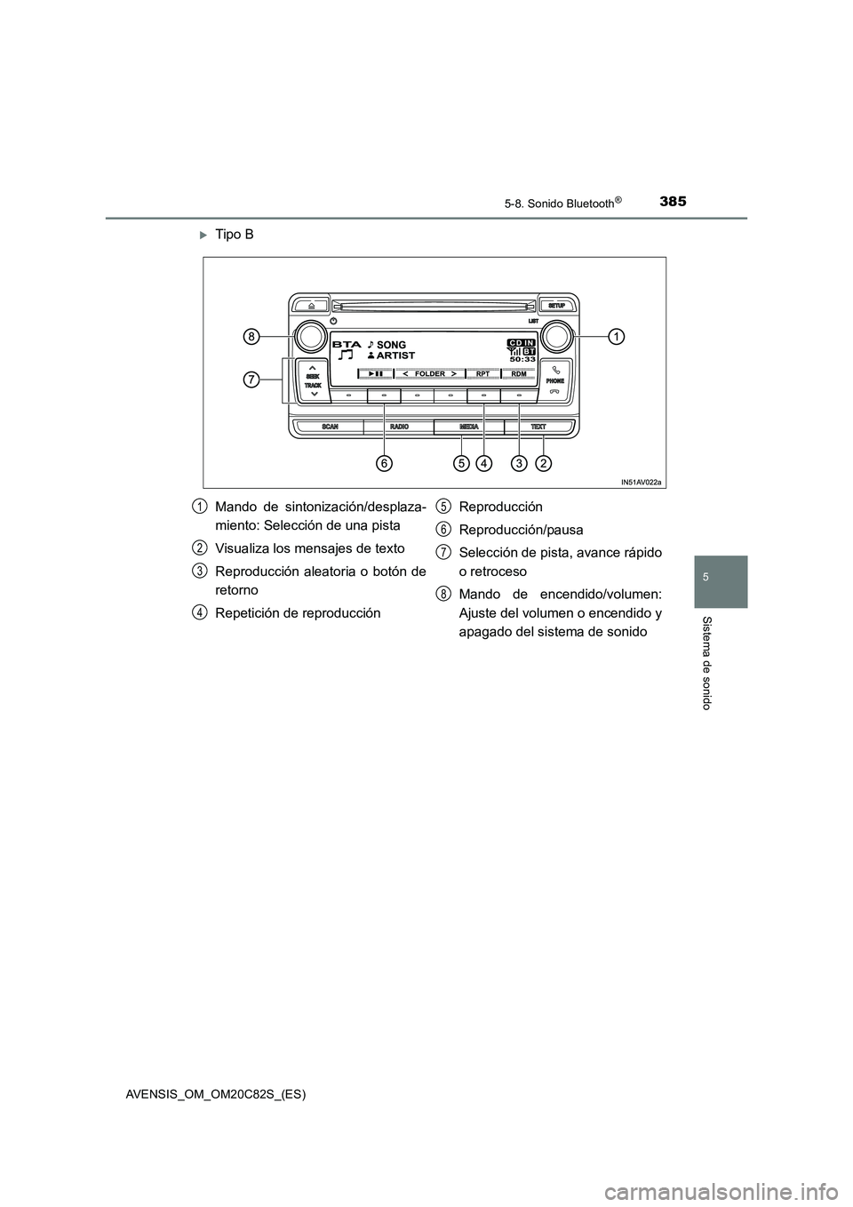 TOYOTA AVENSIS 2018  Manual del propietario (in Spanish) 3855-8. Sonido Bluetooth®
5
Sistema de sonido
AVENSIS_OM_OM20C82S_(ES)
Tipo B
Mando de sintonización/desplaza-
miento: Selección de una pista
Visualiza los mensajes de texto
Reproducción aleato