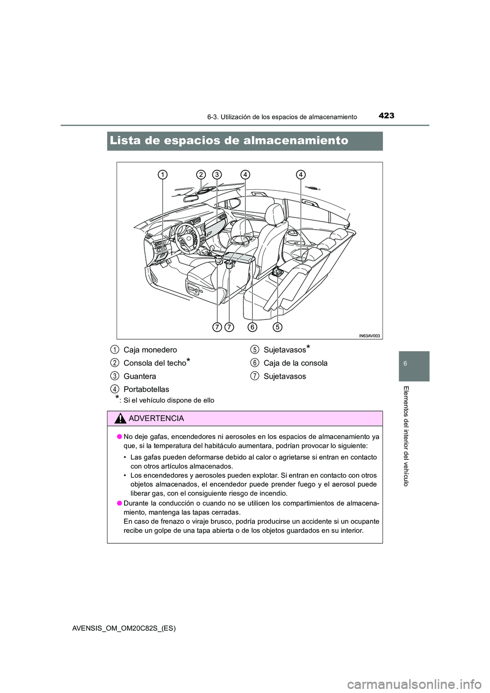 TOYOTA AVENSIS 2018 Manual del propietario (in Spanish) 4236-3. Utilización de los espacios de almacenamiento
AVENSIS_OM_OM20C82S_(ES)
6
Elementos del interior del vehículo
Lista de espacios de almacenamiento
*: Si el vehículo dispone de ello
Caja moned TOYOTA AVENSIS 2018 Manual del propietario (in Spanish) 4236-3. Utilización de los espacios de almacenamiento
AVENSIS_OM_OM20C82S_(ES)
6
Elementos del interior del vehículo
Lista de espacios de almacenamiento
*: Si el vehículo dispone de ello
Caja moned