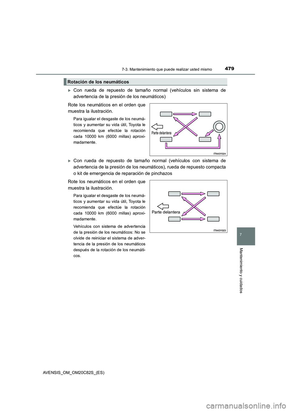 TOYOTA AVENSIS 2018 Manual del propietario (in Spanish) 4797-3. Mantenimiento que puede realizar usted mismo
AVENSIS_OM_OM20C82S_(ES)
7
Mantenimiento y cuidados
Con rueda de repuesto de tamaño normal (vehículos sin sistema de
advertencia de la presió TOYOTA AVENSIS 2018 Manual del propietario (in Spanish) 4797-3. Mantenimiento que puede realizar usted mismo
AVENSIS_OM_OM20C82S_(ES)
7
Mantenimiento y cuidados
Con rueda de repuesto de tamaño normal (vehículos sin sistema de
advertencia de la presió