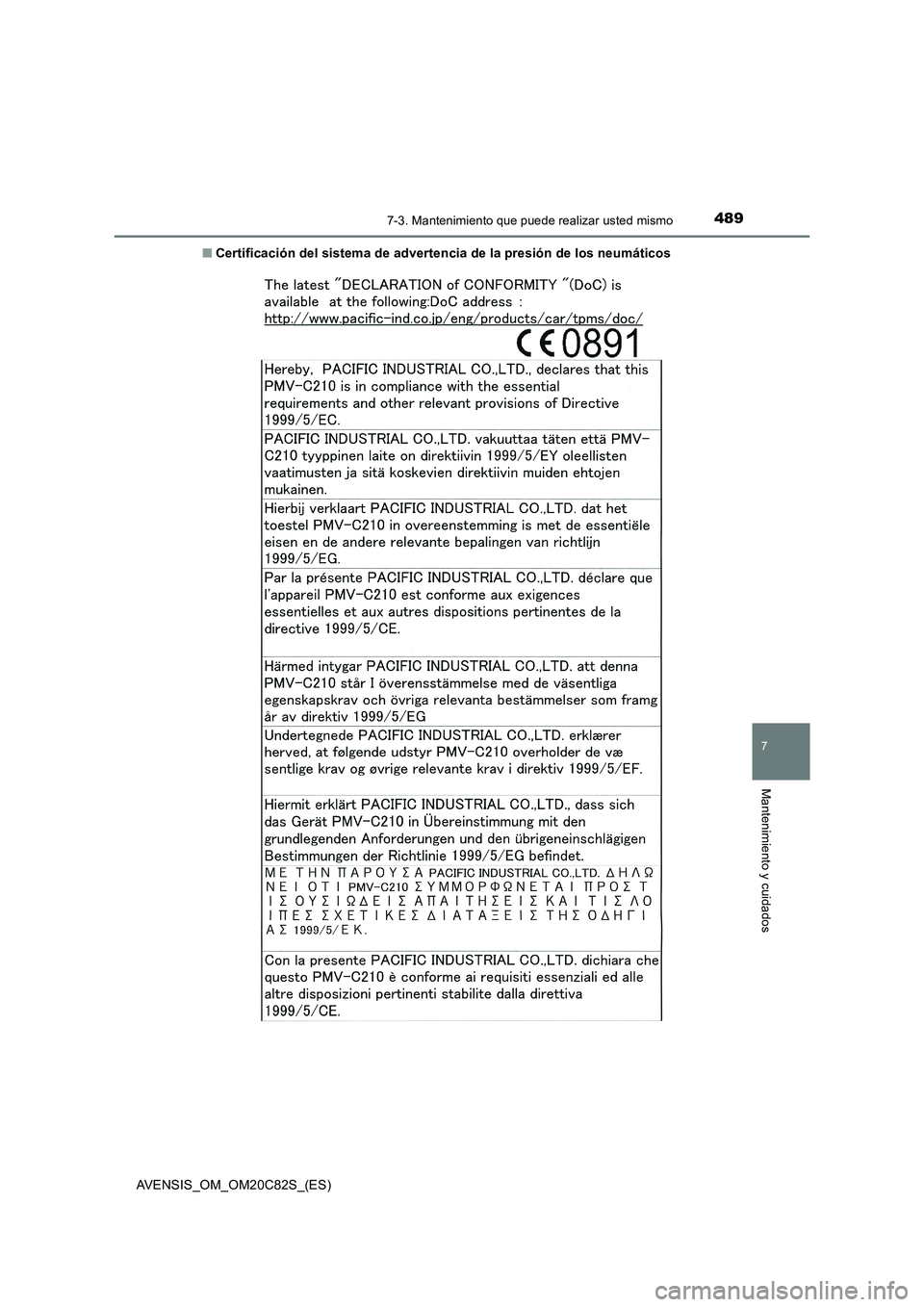 TOYOTA AVENSIS 2018 Manual del propietario (in Spanish) 4897-3. Mantenimiento que puede realizar usted mismo
AVENSIS_OM_OM20C82S_(ES)
7
Mantenimiento y cuidados
■Certificación del sistema de advertencia de la presión de los neumáticos TOYOTA AVENSIS 2018 Manual del propietario (in Spanish) 4897-3. Mantenimiento que puede realizar usted mismo
AVENSIS_OM_OM20C82S_(ES)
7
Mantenimiento y cuidados
■Certificación del sistema de advertencia de la presión de los neumáticos