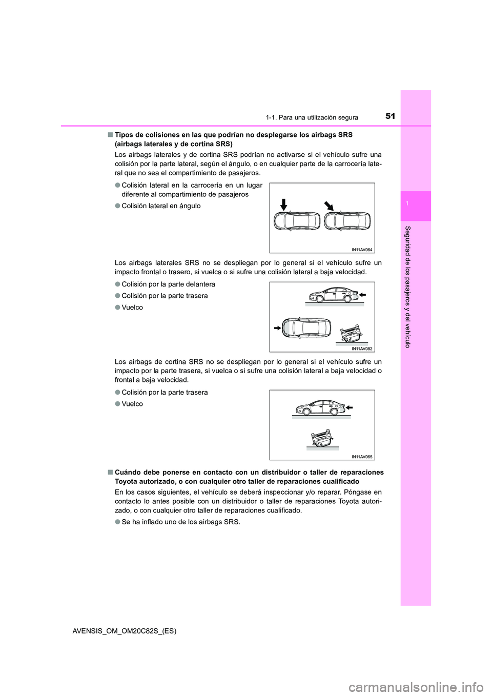 TOYOTA AVENSIS 2018 Manual del propietario (in Spanish) 511-1. Para una utilización segura
1
AVENSIS_OM_OM20C82S_(ES)
Seguridad de los pasajeros y del vehículo
■Tipos de colisiones en las que podrían no desplegarse los airbags SRS
(airbags laterales TOYOTA AVENSIS 2018 Manual del propietario (in Spanish) 511-1. Para una utilización segura
1
AVENSIS_OM_OM20C82S_(ES)
Seguridad de los pasajeros y del vehículo
■Tipos de colisiones en las que podrían no desplegarse los airbags SRS
(airbags laterales