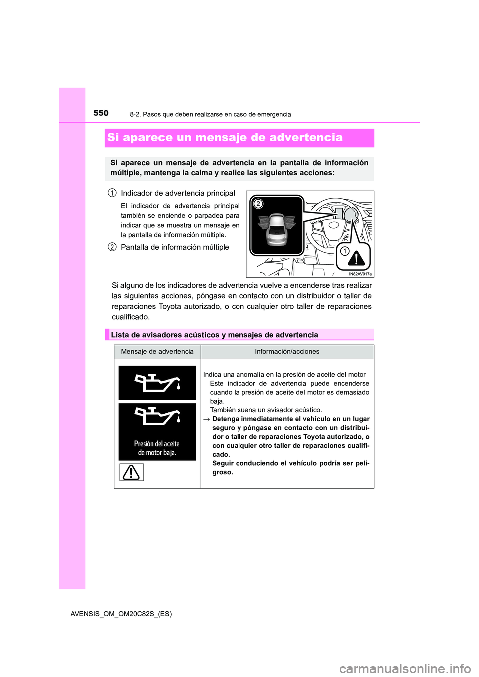 TOYOTA AVENSIS 2018 Manual del propietario (in Spanish) 5508-2. Pasos que deben realizarse en caso de emergencia
AVENSIS_OM_OM20C82S_(ES)
Si aparece un mensaje de advertencia
Indicador de advertencia principal
El indicador de advertencia principal
tambié TOYOTA AVENSIS 2018 Manual del propietario (in Spanish) 5508-2. Pasos que deben realizarse en caso de emergencia
AVENSIS_OM_OM20C82S_(ES)
Si aparece un mensaje de advertencia
Indicador de advertencia principal
El indicador de advertencia principal
tambié