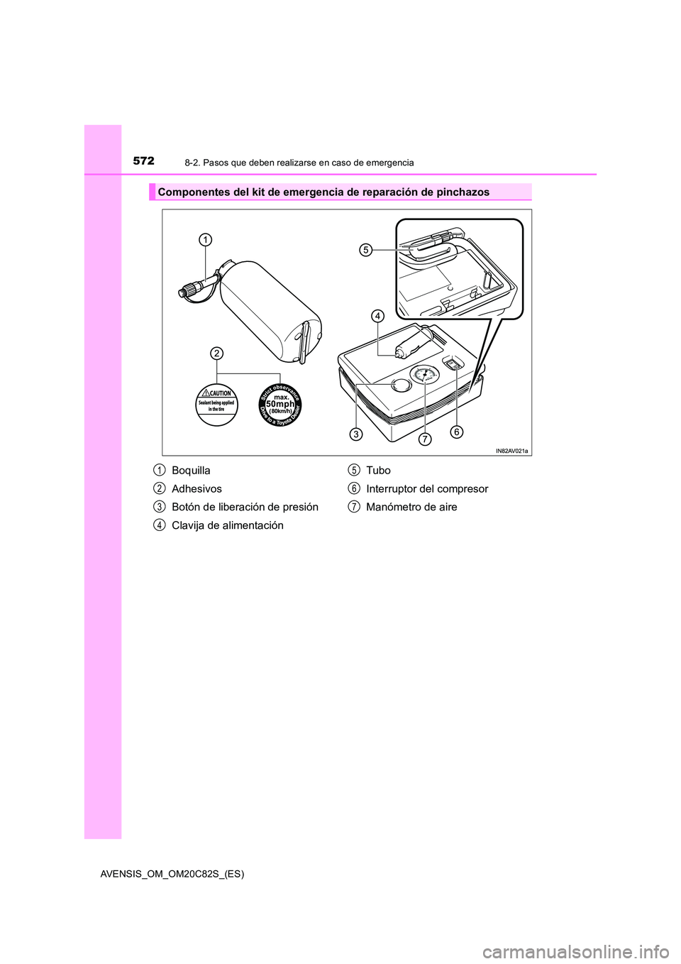 TOYOTA AVENSIS 2018  Manual del propietario (in Spanish) 5728-2. Pasos que deben realizarse en caso de emergencia
AVENSIS_OM_OM20C82S_(ES)
Componentes del kit de emergencia de reparación de pinchazos
Boquilla 
Adhesivos
Botón de liberación de presión 
C