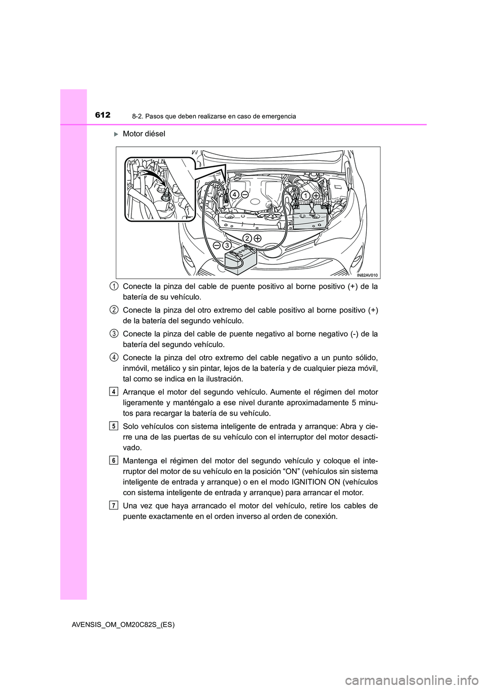TOYOTA AVENSIS 2018 Manual del propietario (in Spanish) 6128-2. Pasos que deben realizarse en caso de emergencia
AVENSIS_OM_OM20C82S_(ES)
Motor diésel
Conecte la pinza del cable de puente positivo al borne positivo (+) de la
batería de su vehículo. TOYOTA AVENSIS 2018 Manual del propietario (in Spanish) 6128-2. Pasos que deben realizarse en caso de emergencia
AVENSIS_OM_OM20C82S_(ES)
Motor diésel
Conecte la pinza del cable de puente positivo al borne positivo (+) de la
batería de su vehículo.